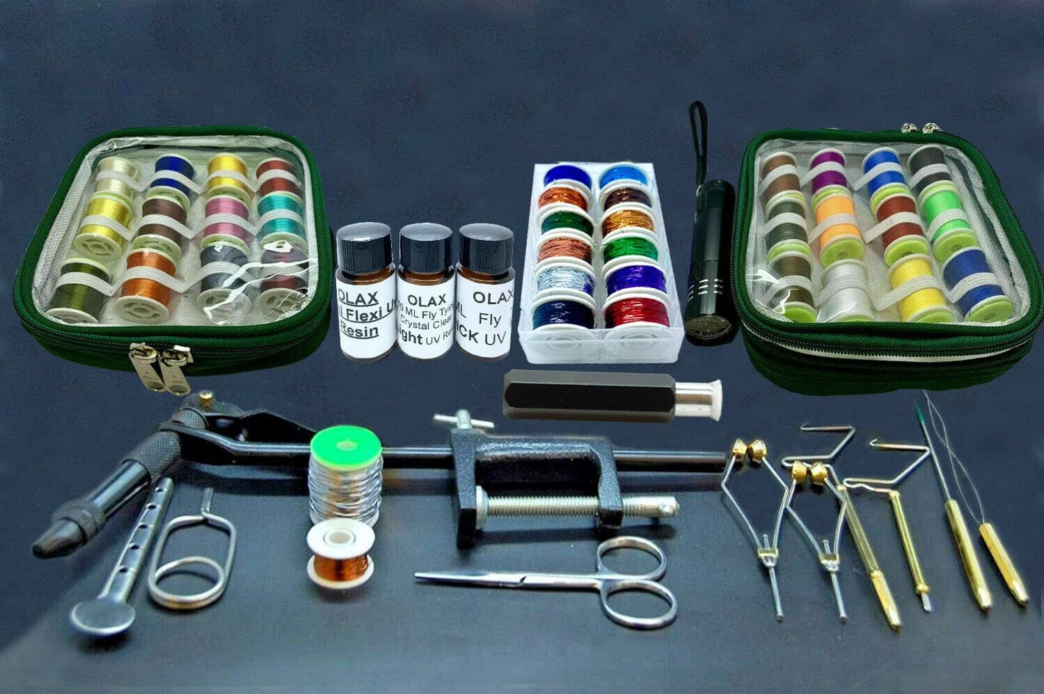 Goliath Fly Tying Tools, Materials Kit with Tinsel, Floss, Thread, Scissors, Whip, Bobbin, Glue, UV Torch