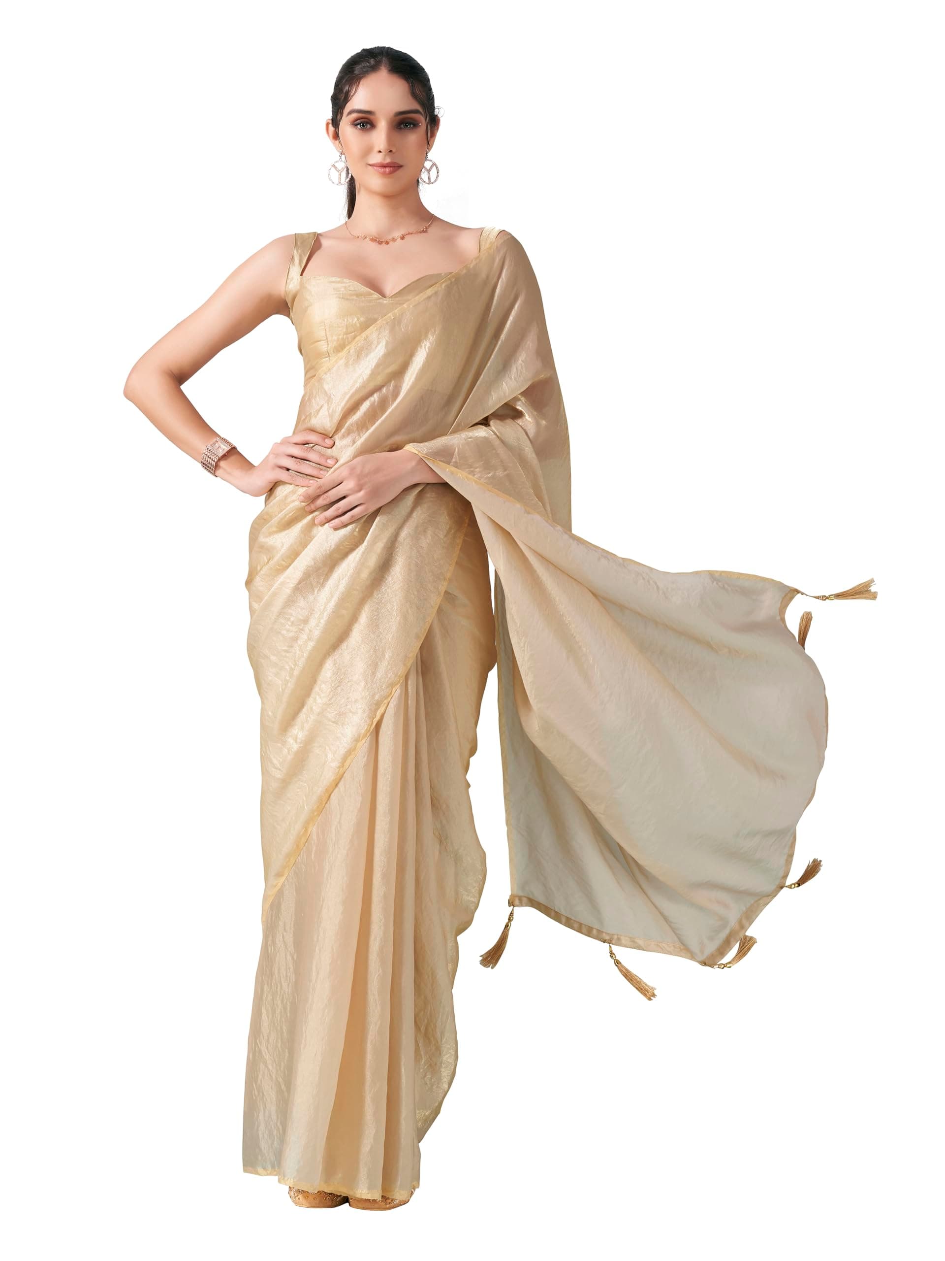 Women's Satin Solid Saree (TI6705_Beige), Beige, One Size, beige, One Size