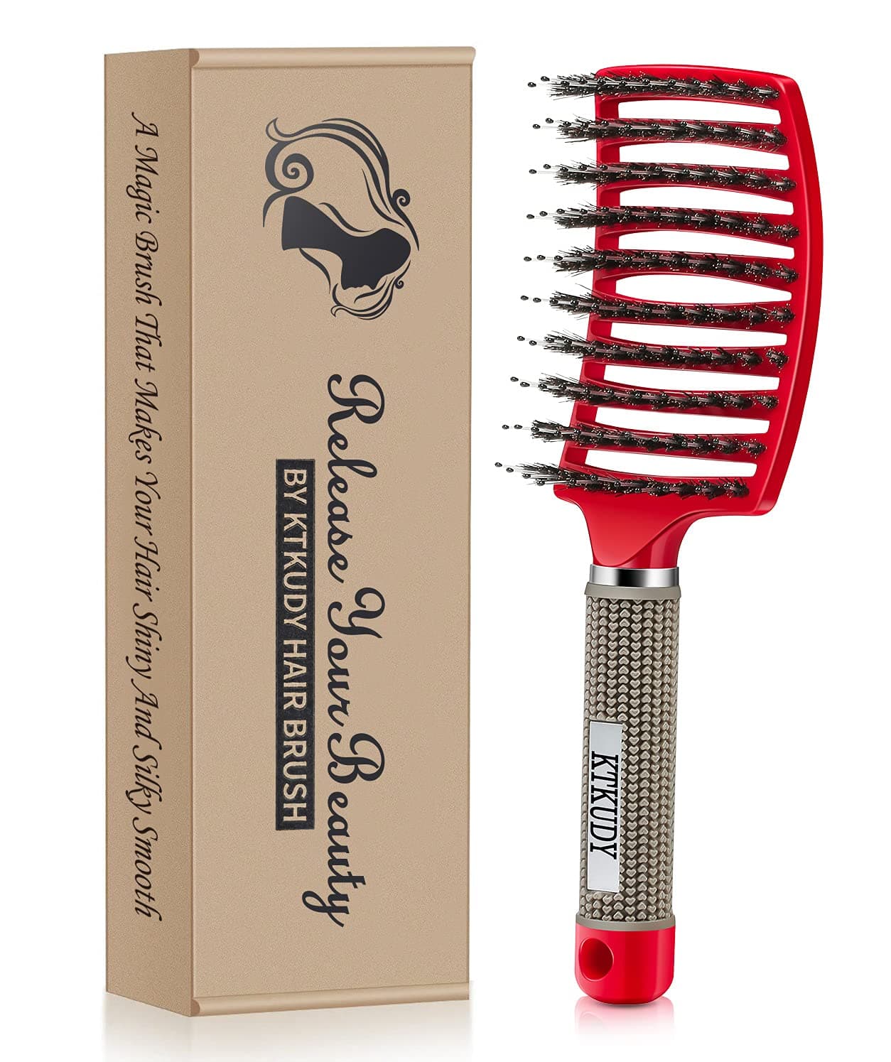 KTKUDY Detangling Hair Brush - Boar Bristle & Tangle-Free Design for Kids, Women, and Men - Perfect for Wet and Dry Hair - Smooth, Magical Pain-Free Styling (Red)