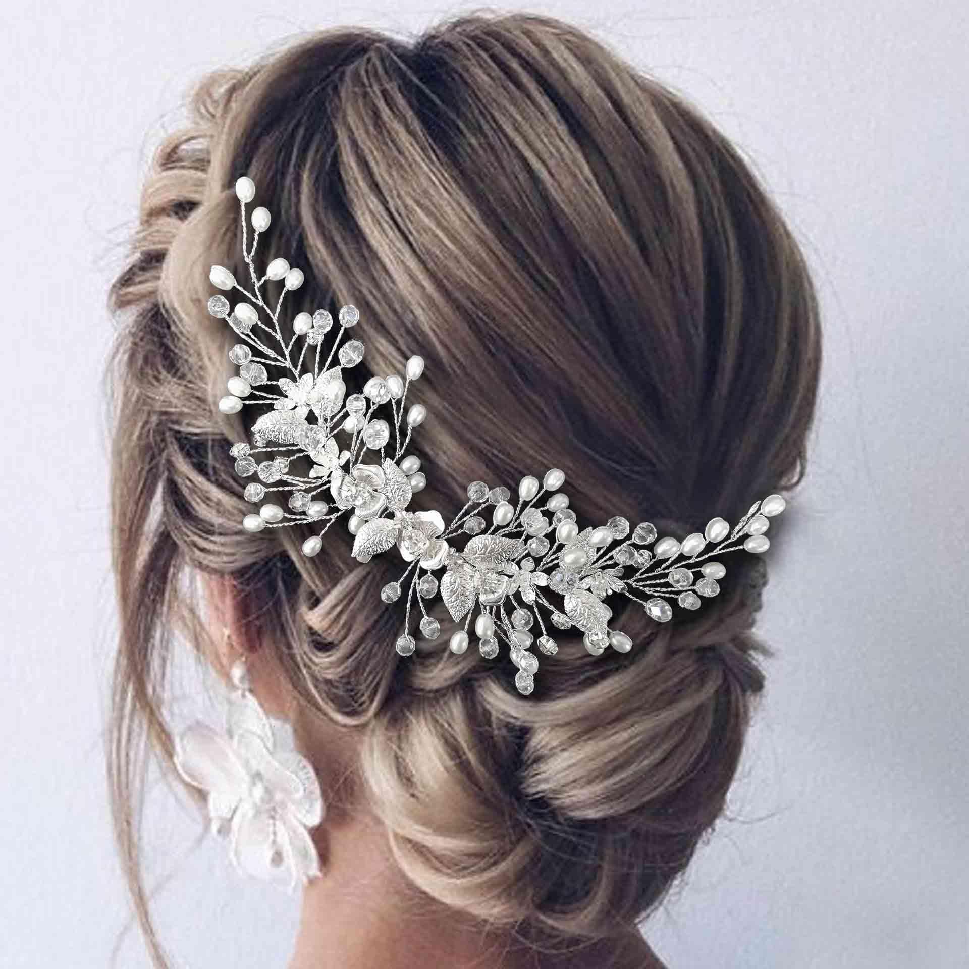 EASEDAILY Flower Bride Wedding Hair Vine Silver Leaf Bridal Headpieces Pearl Hair Accessories for Women and Brides