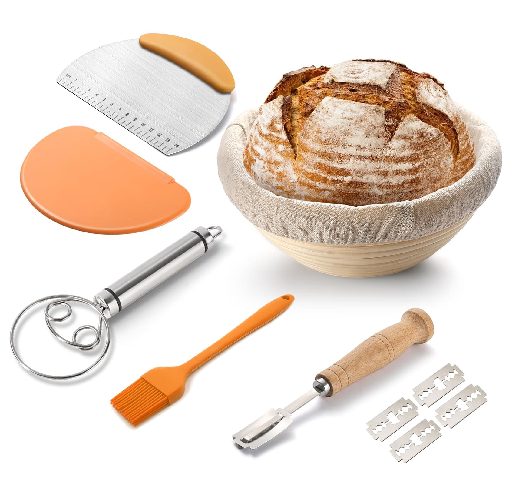 GMISUN Banneton Proofing Basket, 6Pcs Sourdough Proving Basket, Round Bread Proofing Basket, Sourdough Basket, Bread Making Kit with Liner, Dough Whisk, Scraper, Cutter, Brush, Bread Scoring Lame