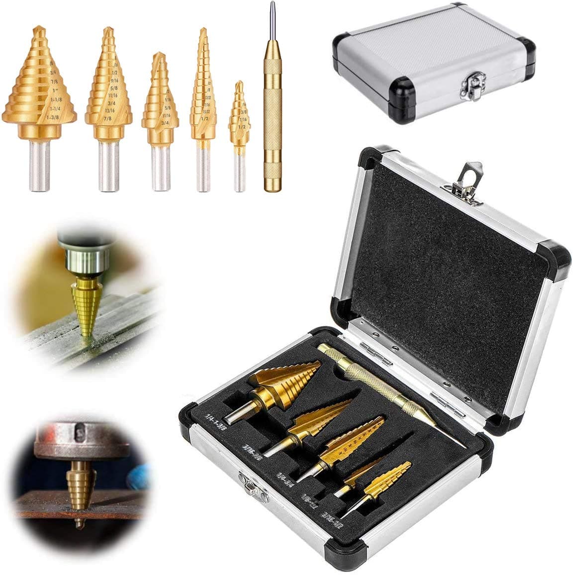 5 pcs Titanium Step Drill Bits Set & Automatic Center Punch - High-Speed Metal Steel Drill Double Side, Hss Cobalt Multiple Hole 50 Sizes with Aluminum Case