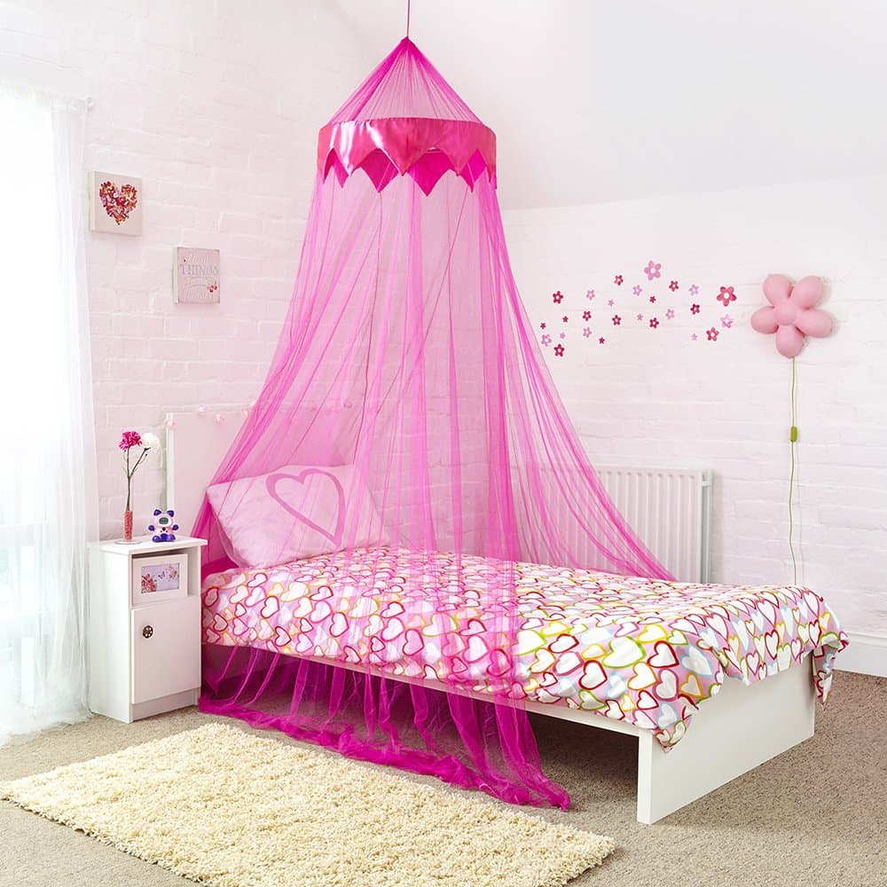 Princess Bed Canopy – Stunning Childrens Bed Canopy With Satin Pink Panel - Quick and EasyTo Hang Girls Bedroom Accessories - Perfect Gift for Girls, Daughters and Granddaughters
