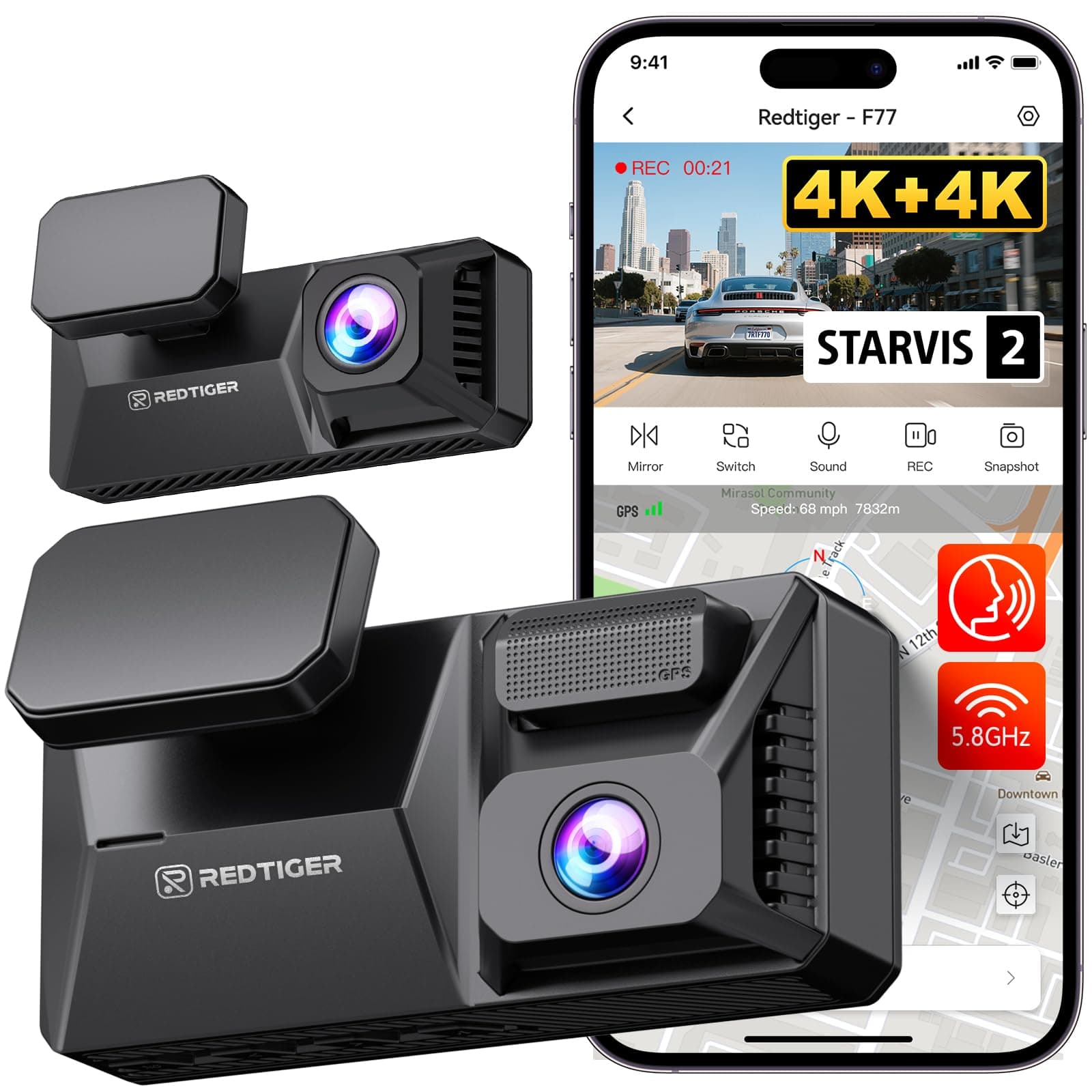 F77 4K+4K Dash Cam Front and Rear, Dual STARVIS 2 IMX678 HDR, Built-in 128GB eMMC, Voice Control Dash Camera for Cars with 5.8GHz WiFi, 4'' Touch Screen, GPS, Night Vision, 24H Parking Mode