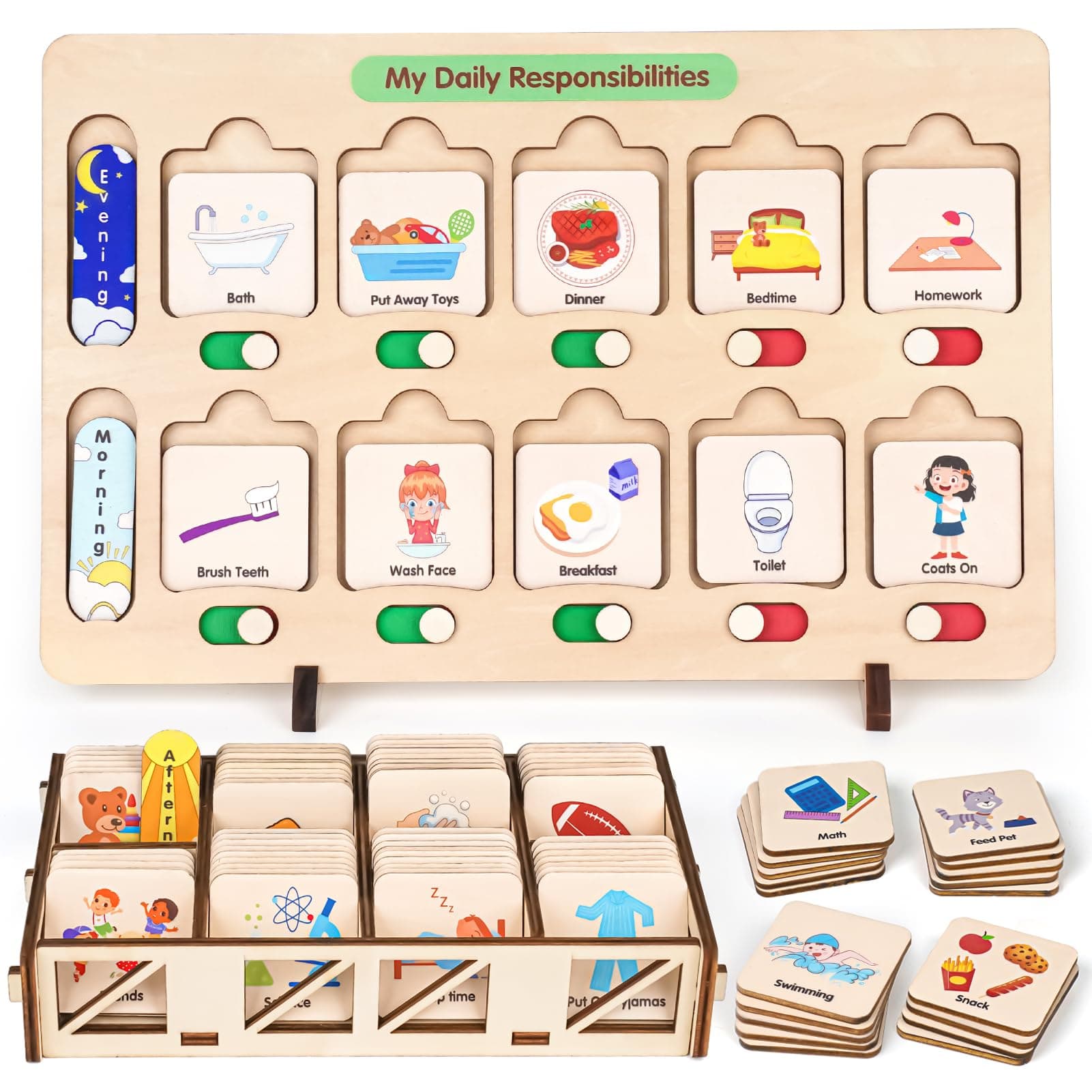 Wooden Visual Schedule for Kids Chore Chart, Morning Bedtime Routine Charts for Kids Toddlers, autism learning materials&Daily Schedule Board for home