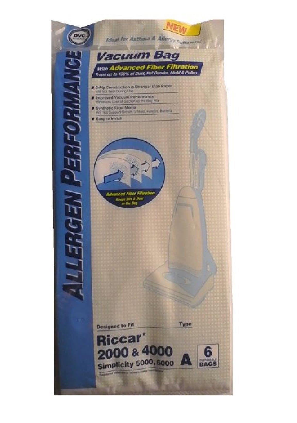 Riccar and Simplicity Type A HEPA Filtration Bags, 6 Pack
