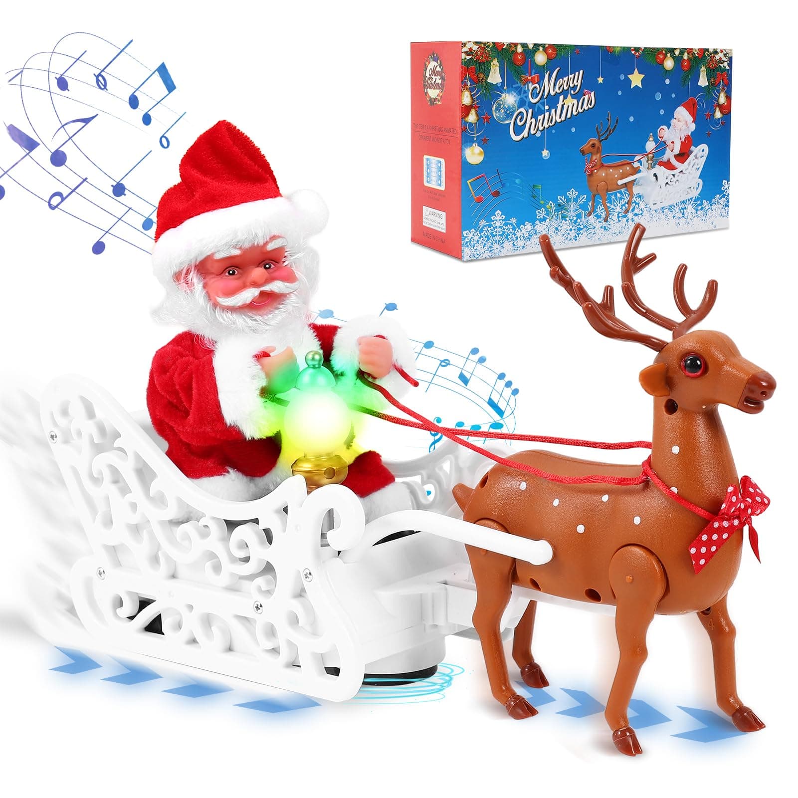 Gfilay Electric Santa Claus and Reindeer Sleigh Toys,Singing and Dancing with Jingle Bell Rock,Christmas Decor with Music and Lights，Fun Gift for Kids and Family