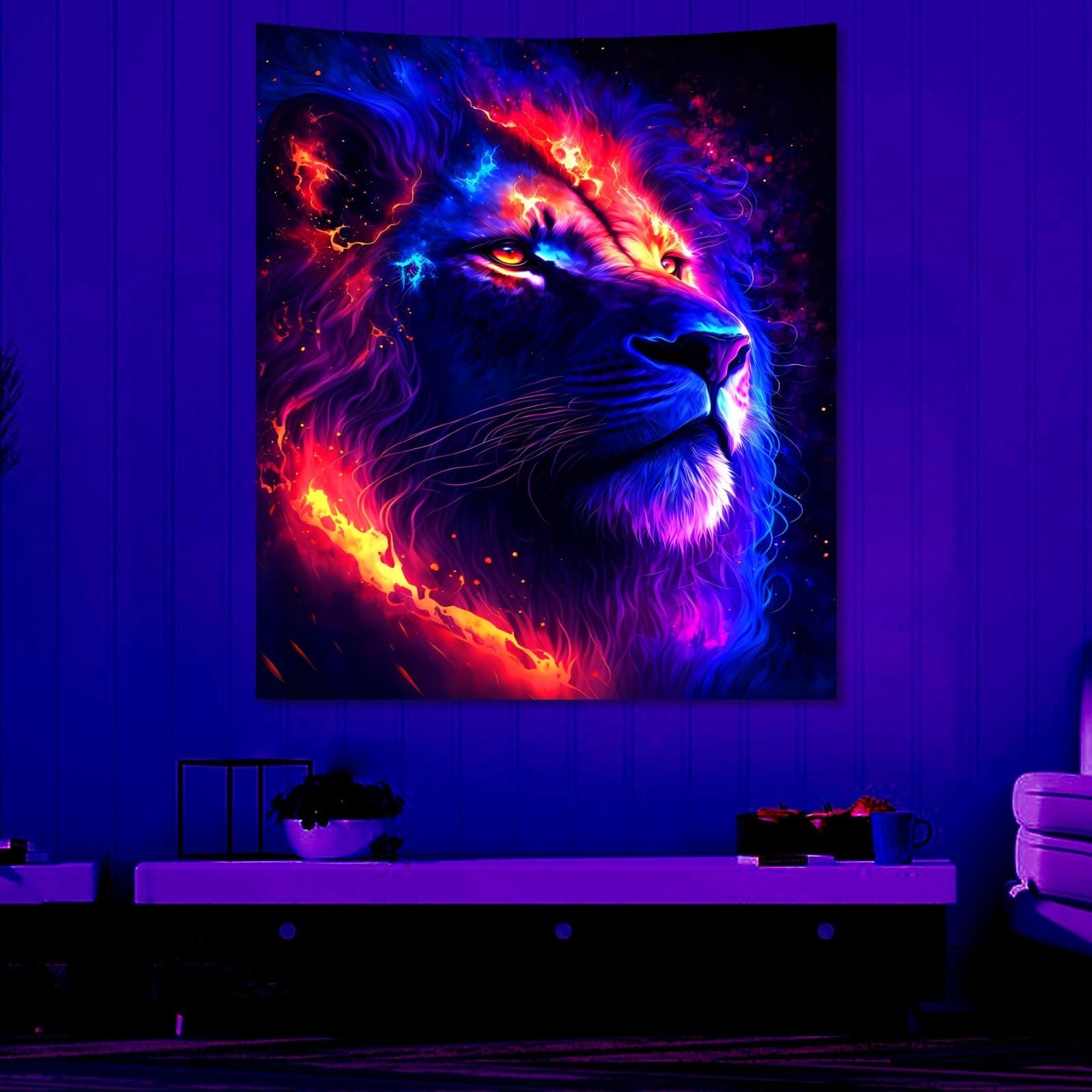 Blacklight Lion Tapestry Wall Hanging, Space Lion Male Galaxy Decor Tapestry for Bedroom, UV Reaction Colorful Wall Art Backdrop Tapestries for Men Girl Dorm Living Room Party (51inch X 60Inch)
