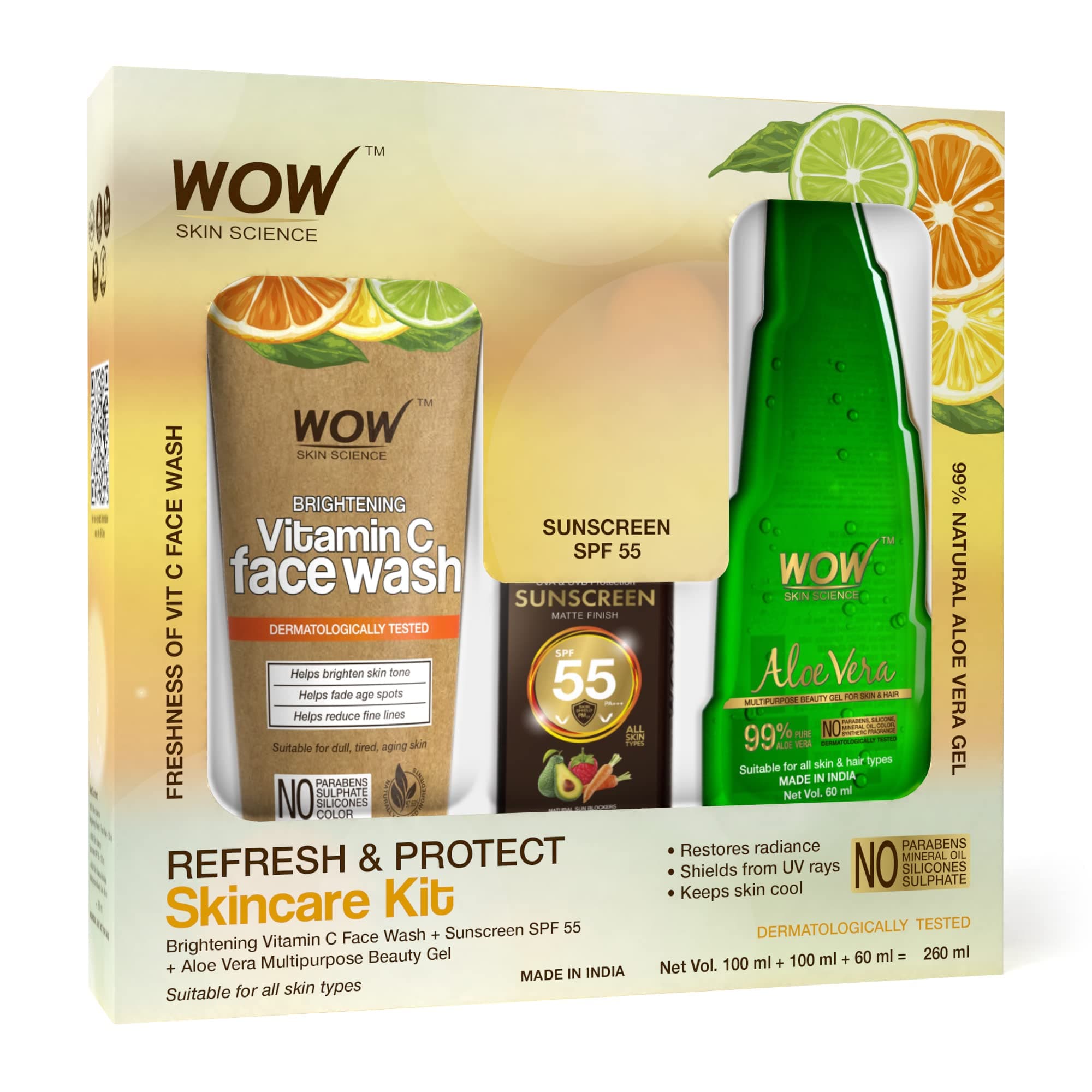 WOW Skin Science Summer Skin Care Face Kit - consists of 99% Pure Aloe Vera Gel, Sunscreen Lotion SPF-55 PA+++ & Vitamin C Face Wash Paper Tube - Net Vol. 260ml