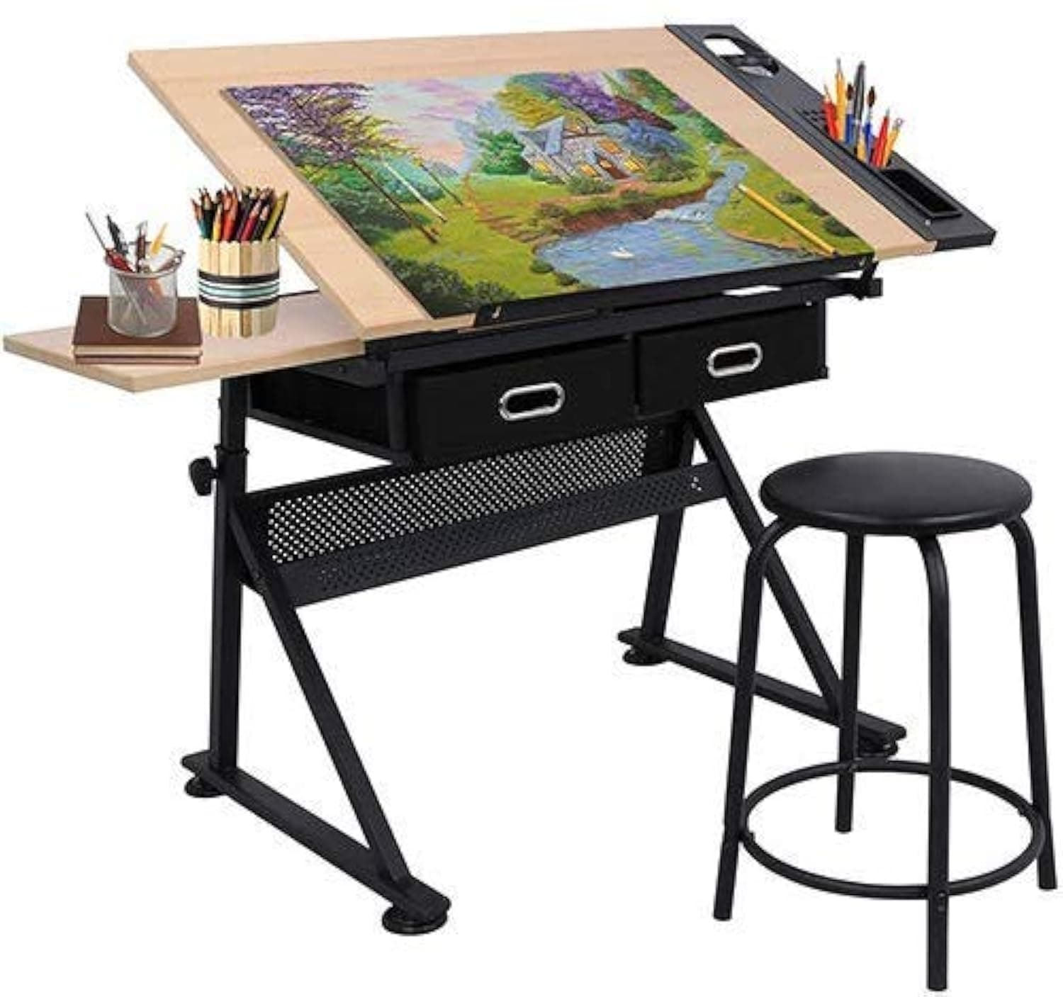 Drafting Table Drawing Desk Art&Craft Work Station Height Adjustable Tilting Tabletop Craft Table Desk w/Stool and 2 Storage Drawers for Home Office Study Room, Natural