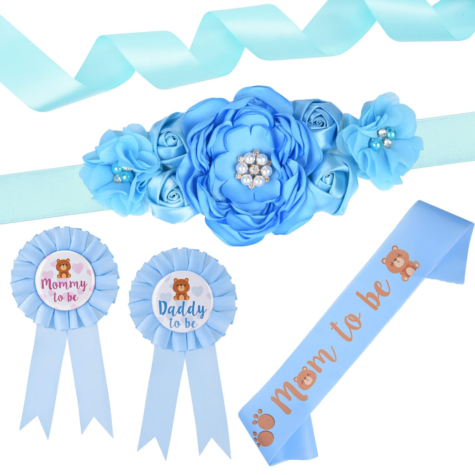 XINRUI Baby Shower Sash Kit Daddy to Be Corsage Pin Blue Maternity Sash Belt Band Teddy Bear Pregnancy Belt Sash for Gender Reveal Baby Shower Party Favors Photo Prop Decorations