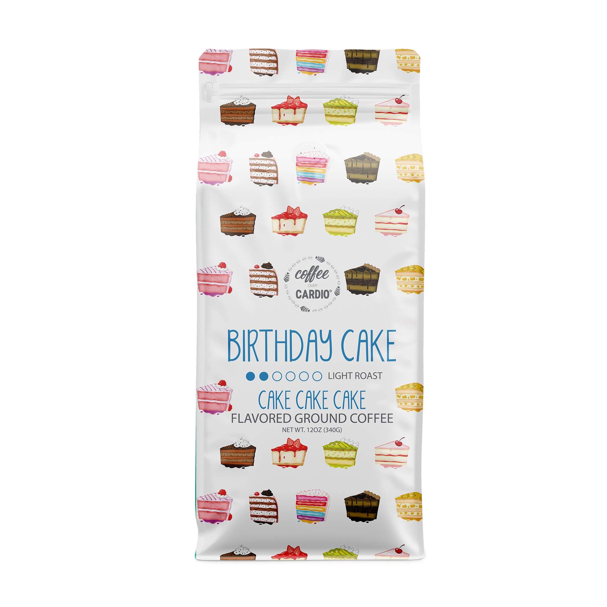 Coffee Over Cardio Birthday Cake Flavored Ground Coffee, High-Grade Aribian Light Roast Coffee Grounds (12 oz)