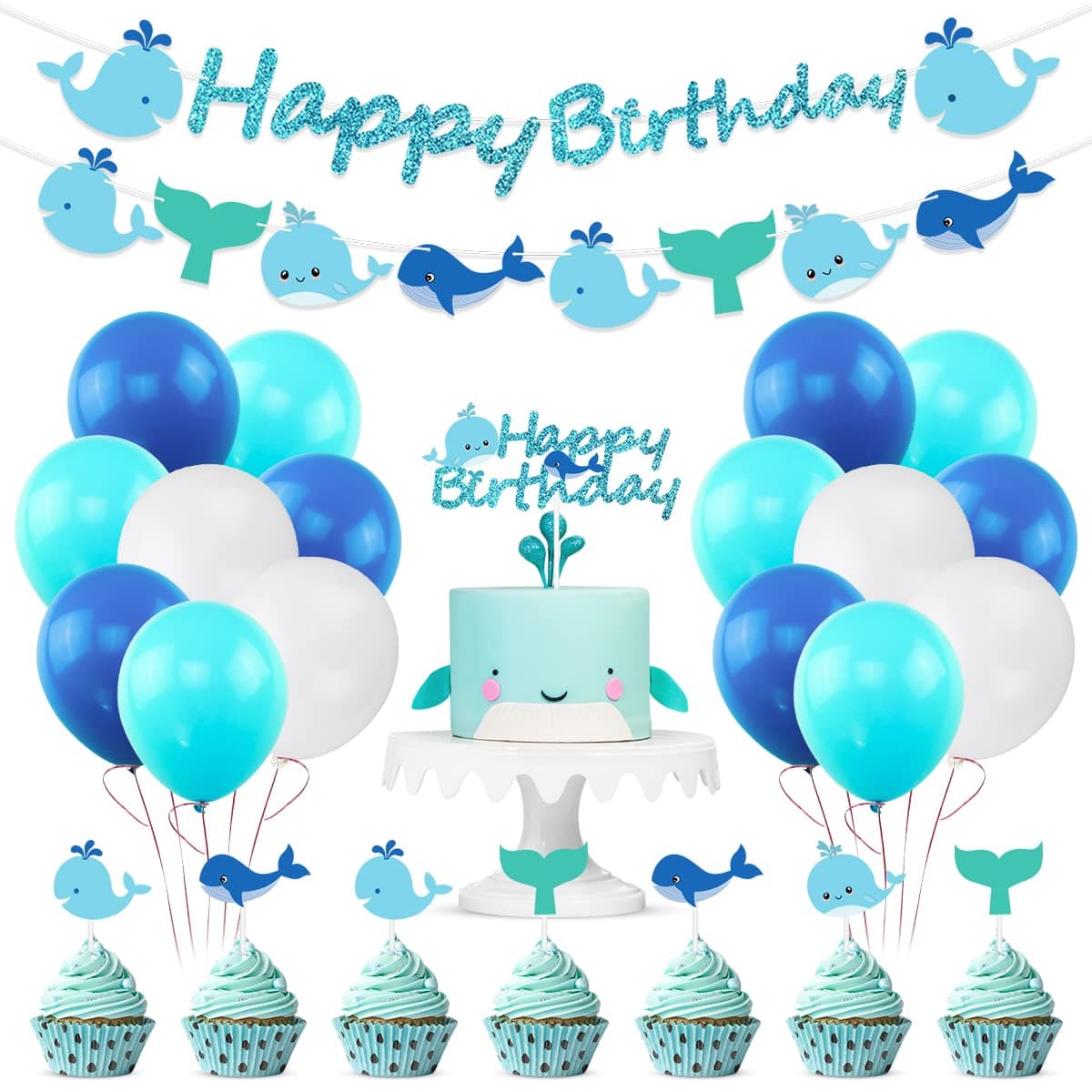 Ocean Whale Birthday Party Supplies, Sea Green and Blue Banner Cake Toppers Balloons Garland Decorations, Nautical Theme Sea Animals Baby Shower Under The Sea Pool Party for Kids