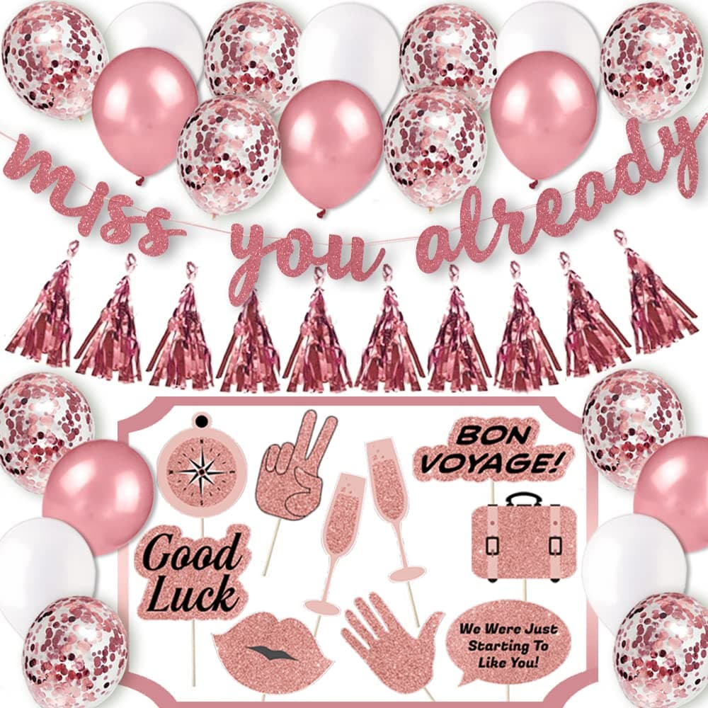 Going Away Party Decorations Kit |"Miss You Already!" Banner | 10 Going Away Party Photo Booth Props | Rose Gold Tassels | 10 Rose Gold Confetti Balloons 5 Rose Gold Balloons