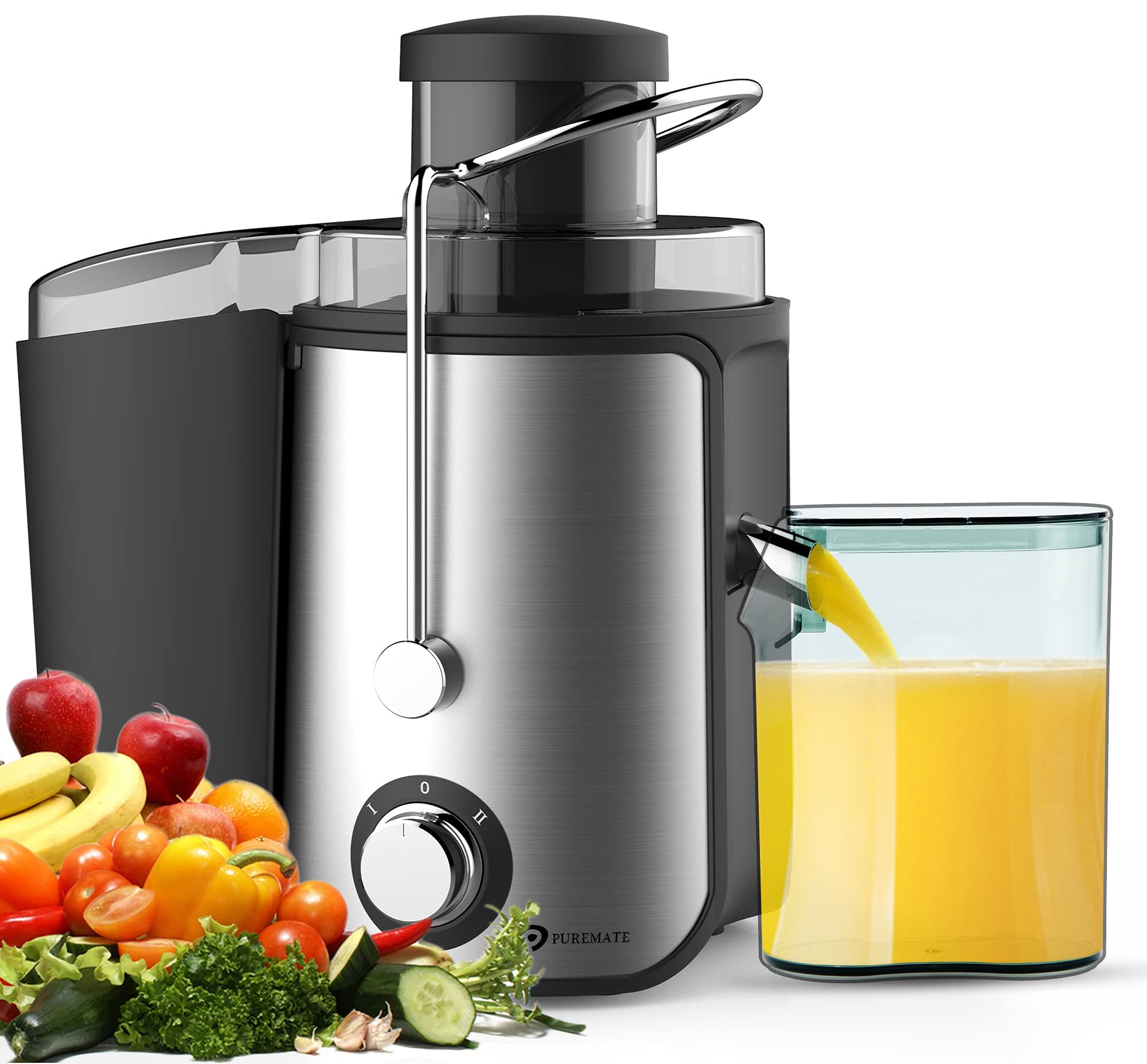 PureMate Juicer Machines, 600W Whole Fruit and Vegetable Juice Extractor, Centrifugal Juicer, Stainless Steel, Two Speed Settings, BPA-Free, Easy Clean
