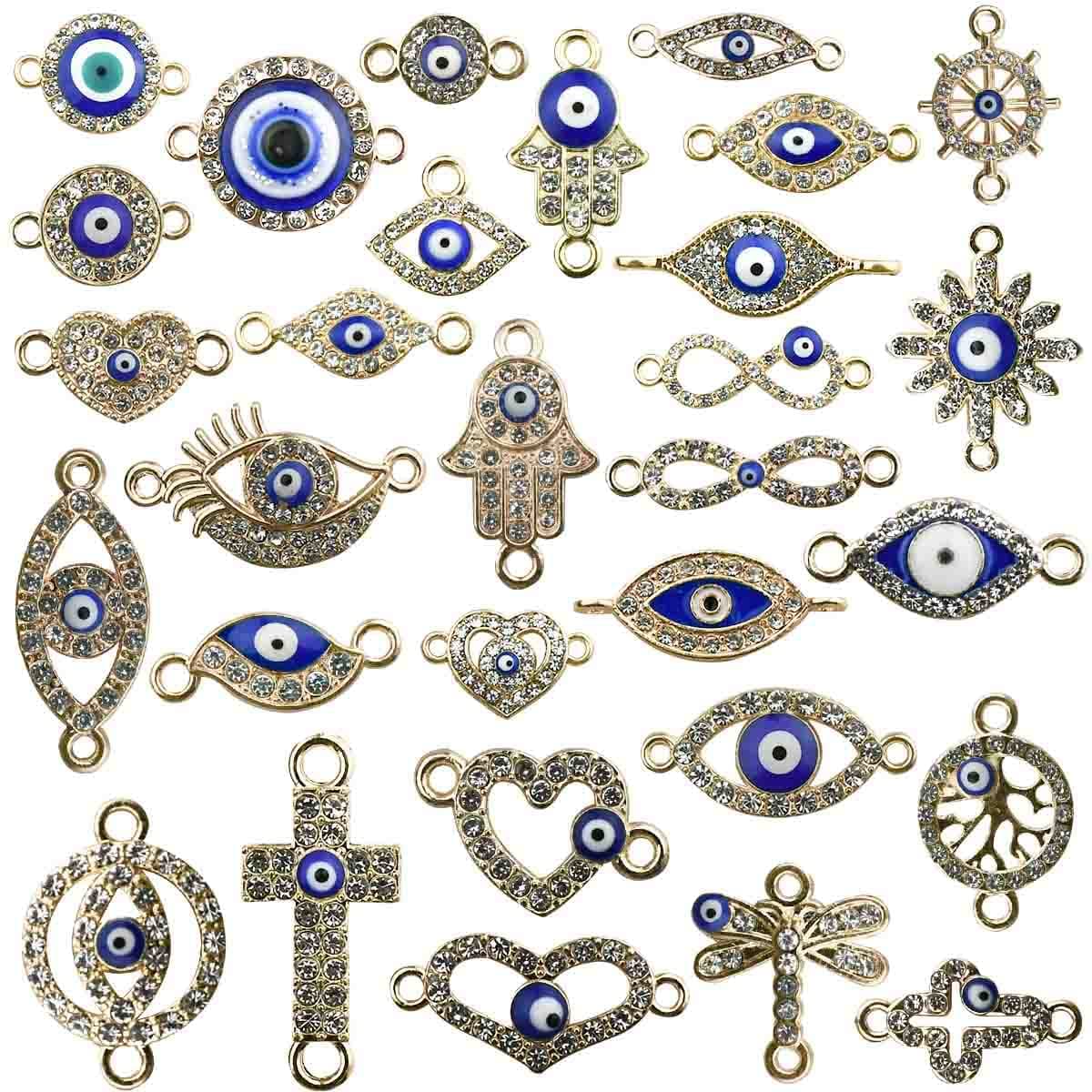 30 Pieces Evil Eye Charms for Jewelry Making Alloy Evil Eye Hand Charm Hamsa Hand Beads Rhinestone Enamel Eye Pendants Enamel Links Connectors Charms for Bracelet Necklace Earring DIY Craft (Blue)
