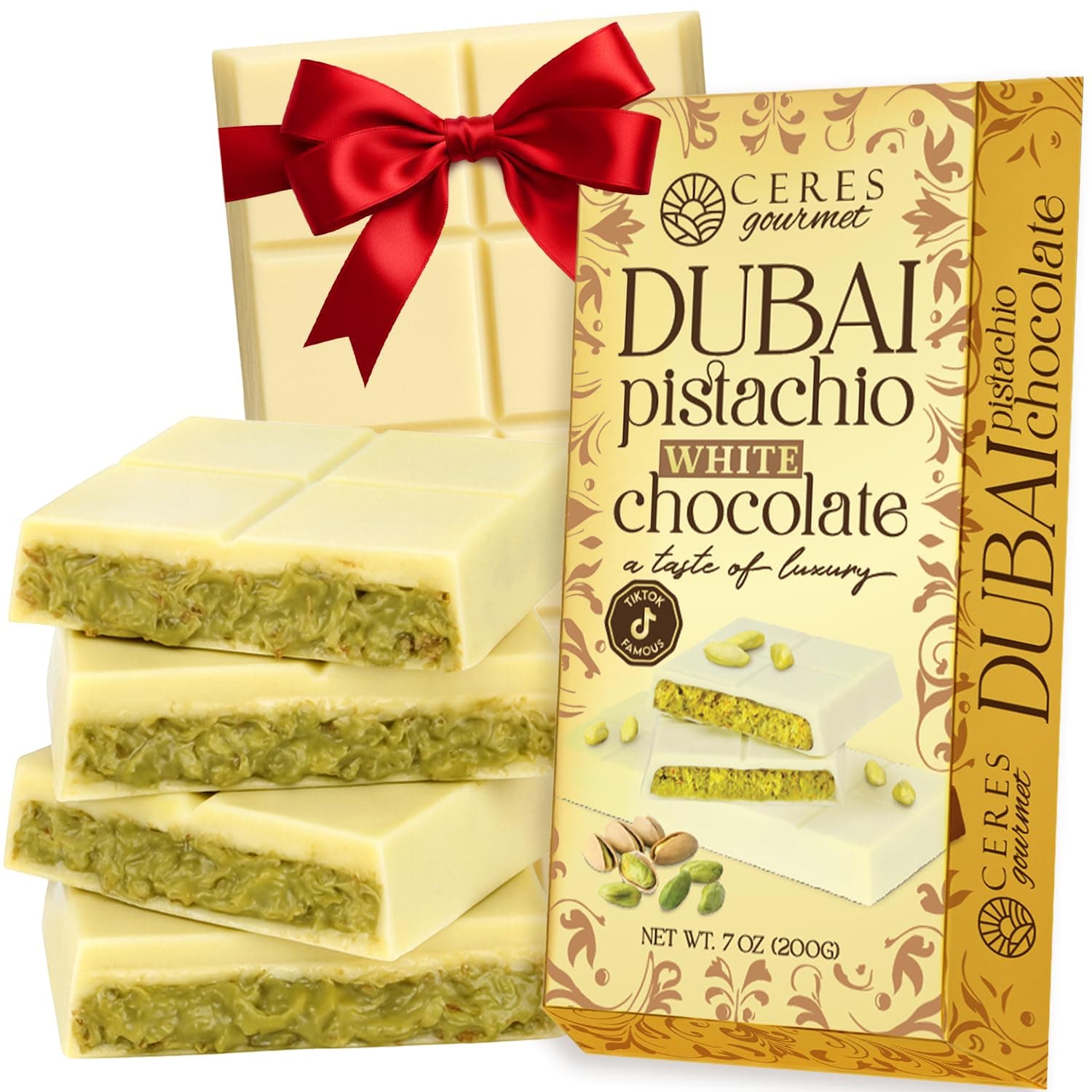 Dubai Chocolate Kunafa Pistachio Bar 7oz | Famous White Chocolate Kunafe Bar | Crispy Kunafe with Pistachio Paste | Gift Idea for All Occasions | Luxurious White Chocolate Kunafa Gift