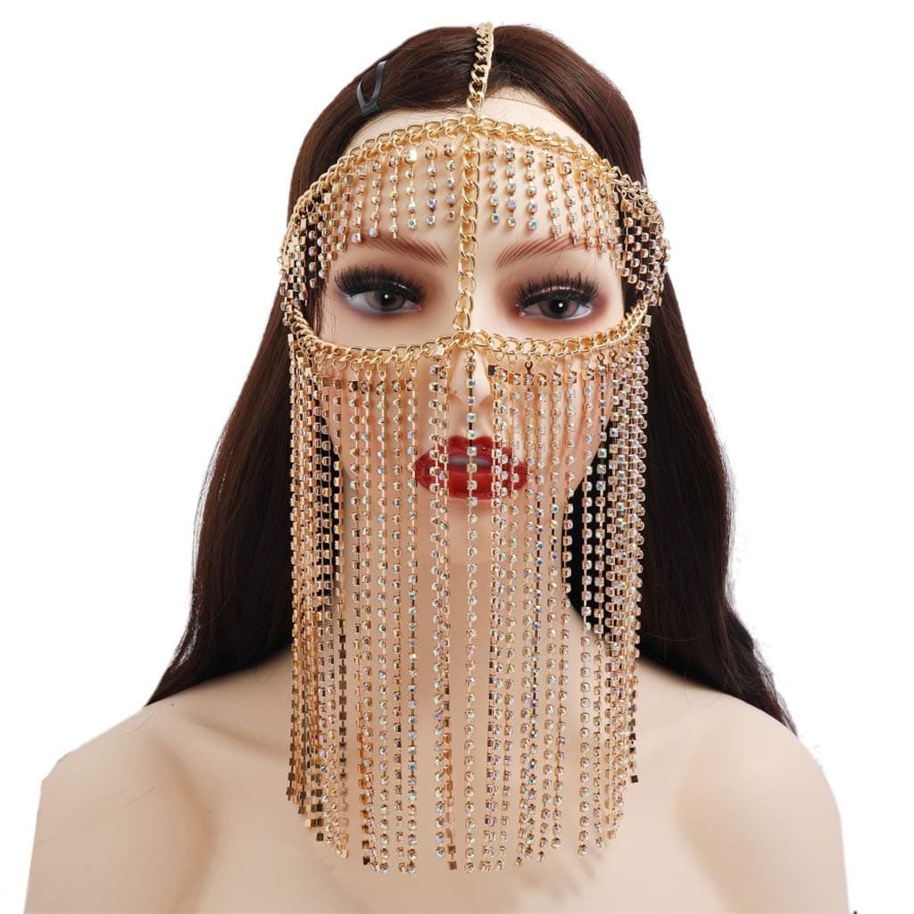 jojobasecFaux Crystal Masquerade Mask Veil Face Chain Belly Dance Jewelry Headband, as pics show