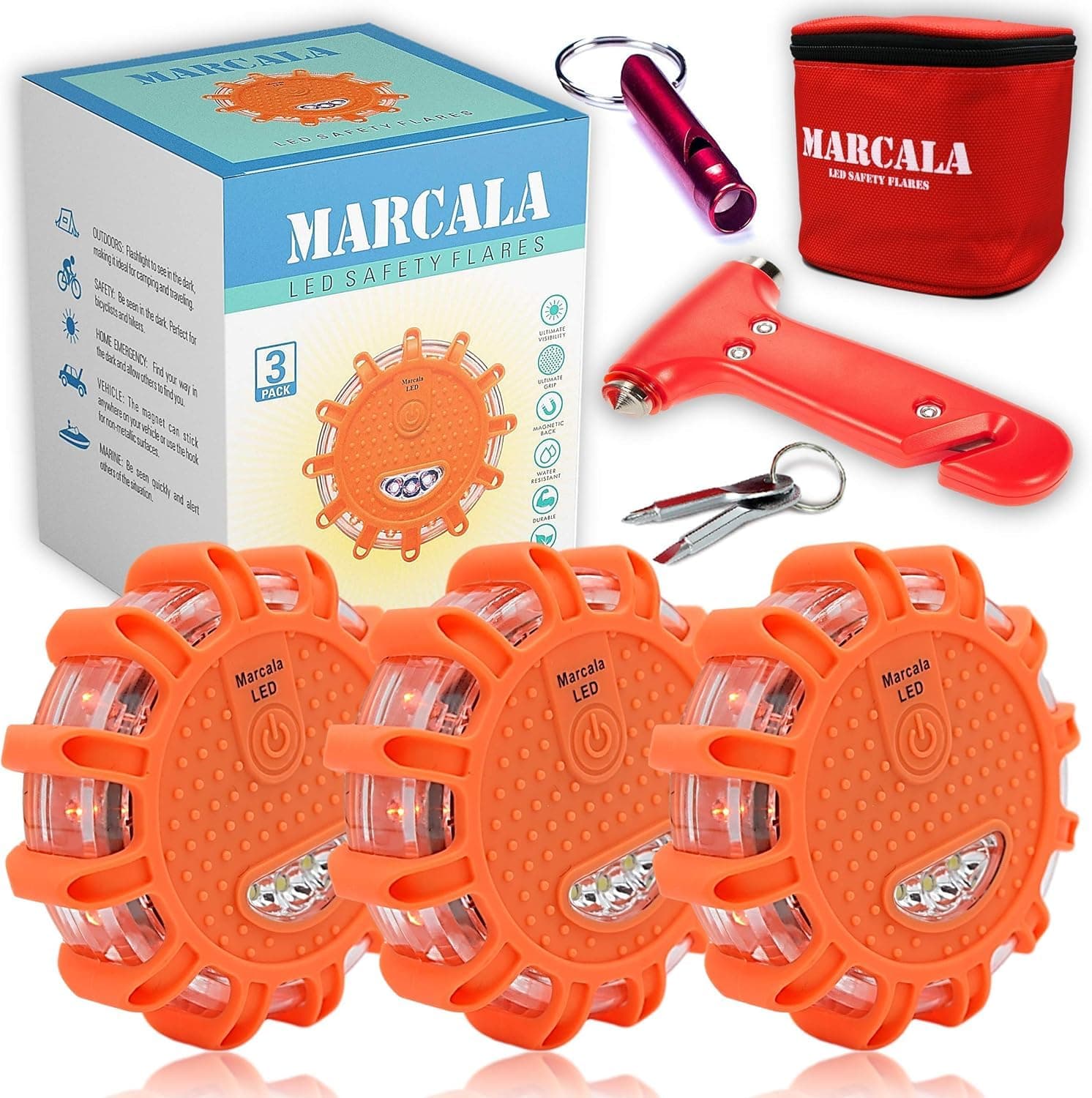 Marcala 3-Pack Emergency Lights for Vehicles | DOT Compliant Emergency Flares for Car with Batteries, Whistle & Case | LED Road Flares | Emergency Roadside Lights | Drive and Feel Safer on the Road!