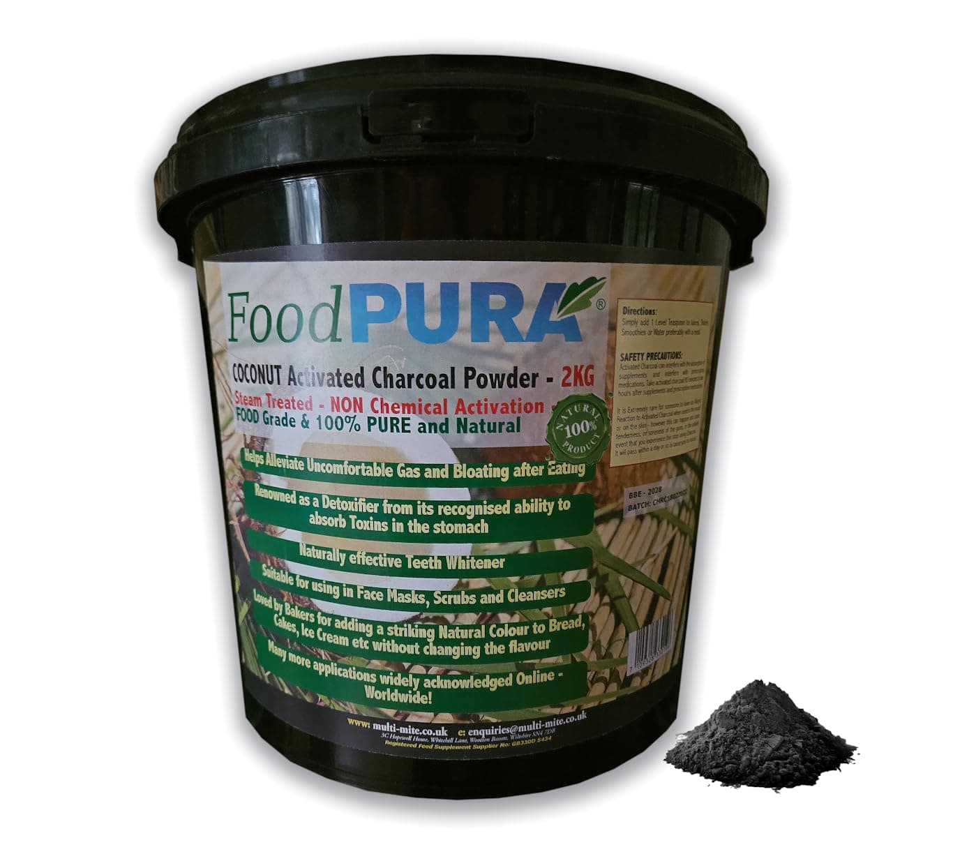 Food PURA® 2KG Pure 100% Coconut Activated Charcoal Food Grade Powder - Teeth Whitening, Detox & Bloating