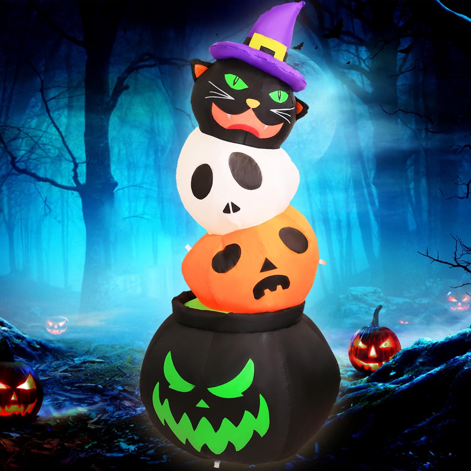 Gardwin 5FT Halloween Inflatables Outdoor Decorations Head Pile, Inflatables Decorations Blow up Ghost Cat & Cauldron Lanterns with Yard Inflatables Holiday Inflatables for Garden Lawn Decor