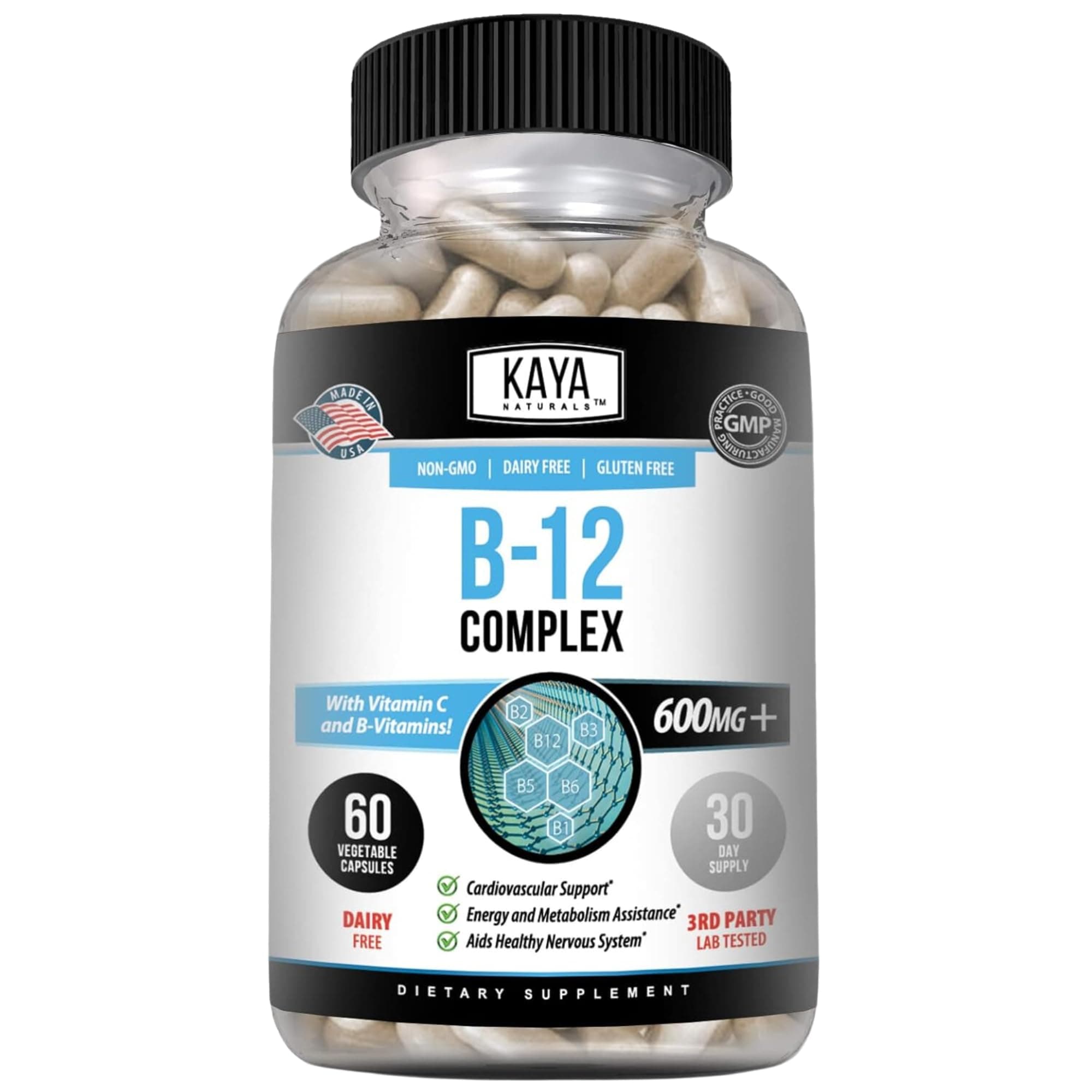 Kaya Naturals B-12 Complex | Multivitamin Supplement for Women & Men | Energy and Metabolism Booster | Vitamin Supplement with Biotin, Choline, Inositol, Folate, and Vitamin C – 60 Count