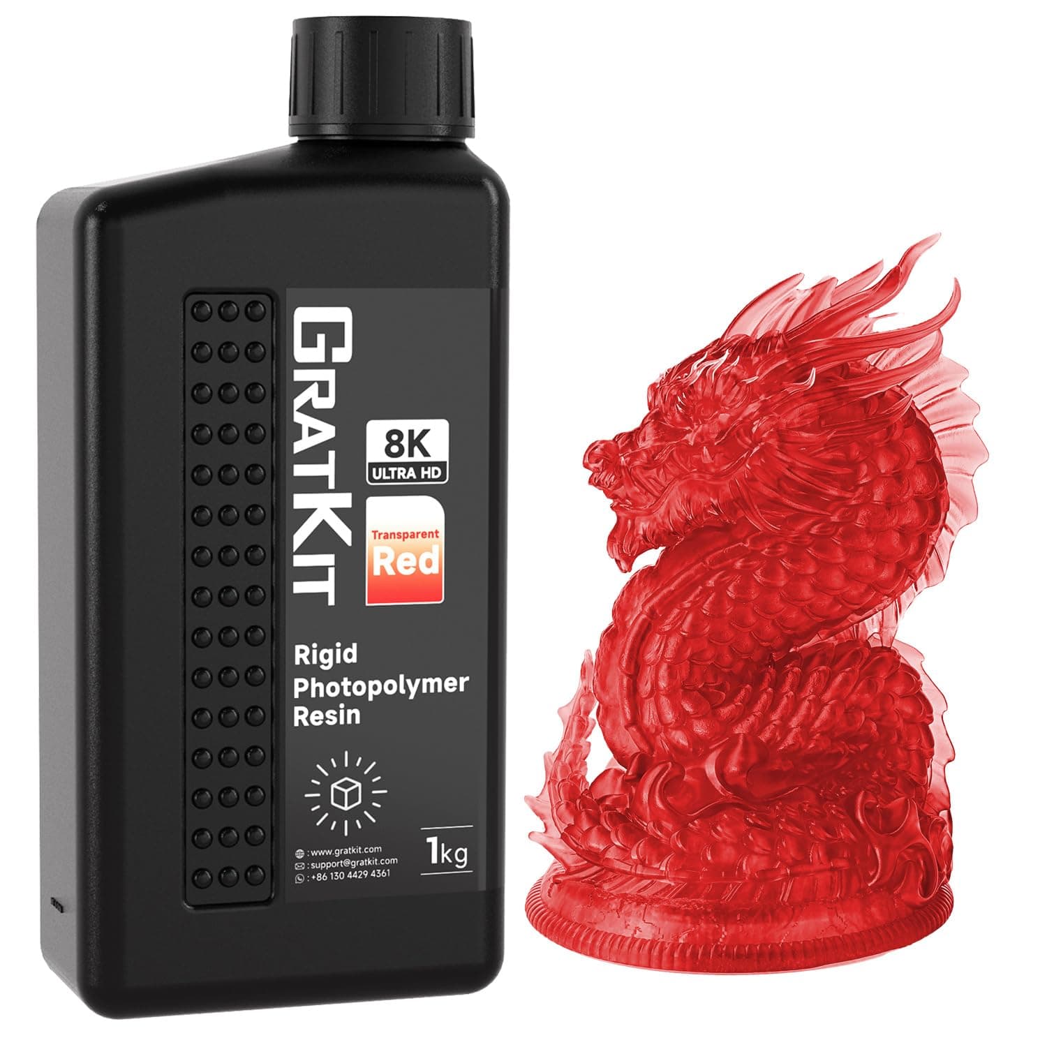 GratKit 8K Rigid Resin, 3D Printer 405nm UV-Curing Photopolymer Resin, High Precision Low Odor 3D Printing Resin - 1000g, Transparent Red