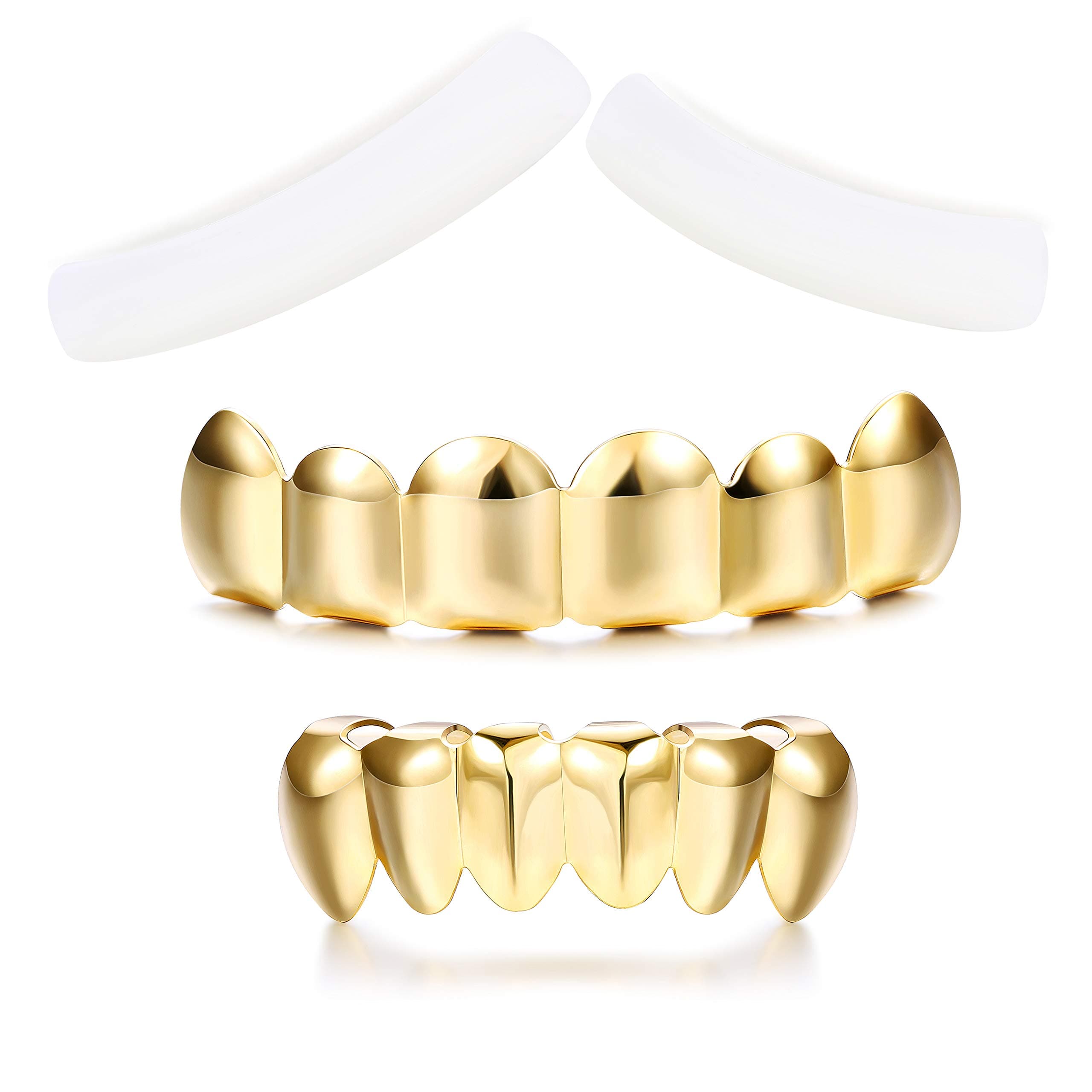 Finrezio Gold Plated Grillz Hip Hop Teeth Top and Bottom Fake Mouth Grill with 2 Extra Molding Bars