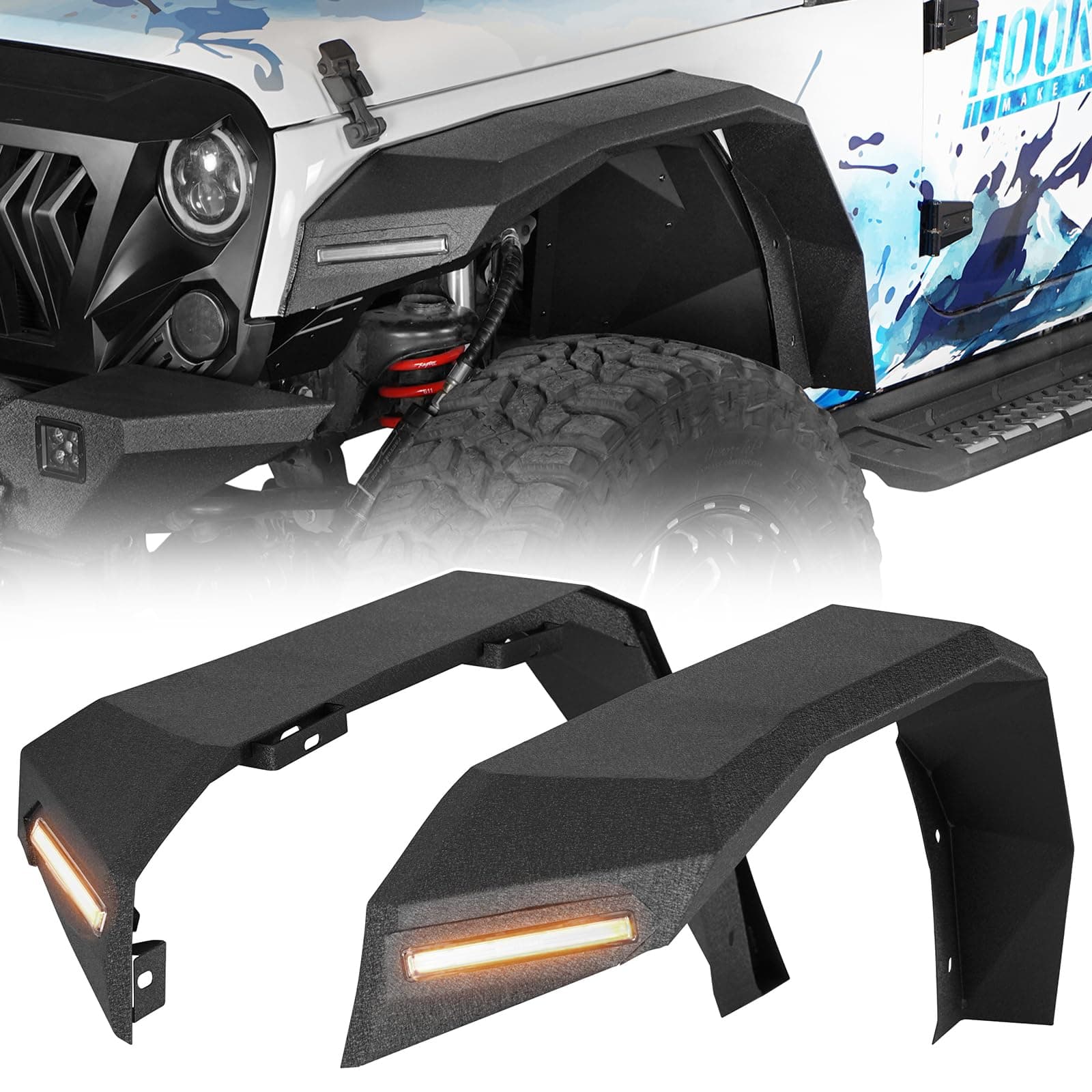 JK 7" Wide Flat Front Fender Flares w/LED Lights for 2007-2018 Jeep Wrangler JK 2/4 Doors, 2 PCS Steel Fenders w/Turn Signal Lights DRL