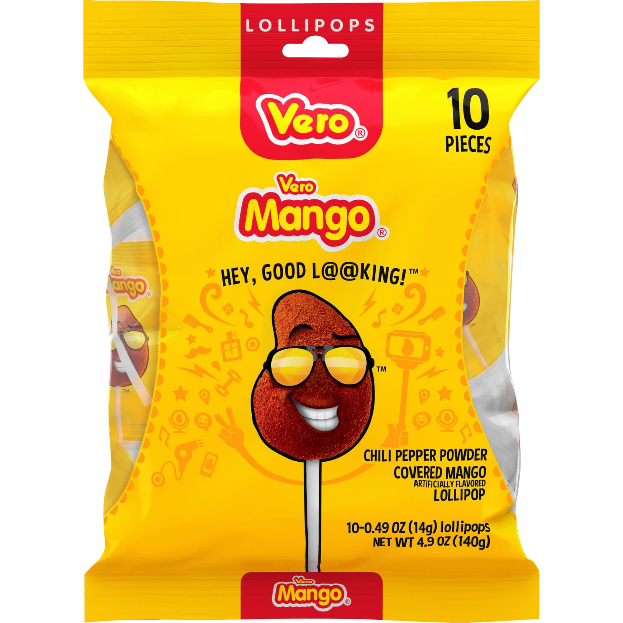 Vero Mango Flavored Lollipops Coated with Chili Powder 10 Count Bag (Net Wt. 5.6 Ounces) - Individually Wrapped Mexican Candy for Piñatas, Halloween, and More.