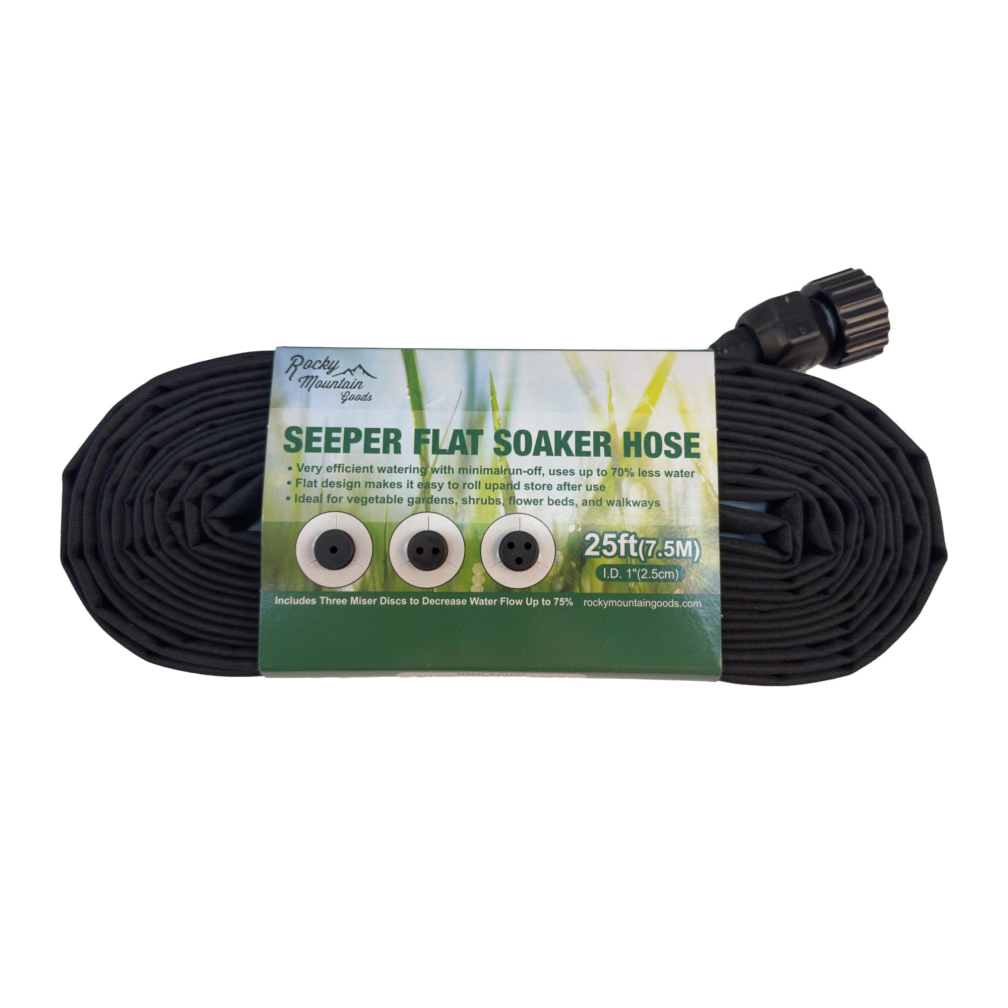 Rocky Mountain Goods Flat Weeper Soaker Hose (25-Foot) - Drip Irrigation - Saves 70% Water - Drips Water Entire Length of Hose - Includes 3 Pressure Reducing Discs - NOT a Regular Garden Hose