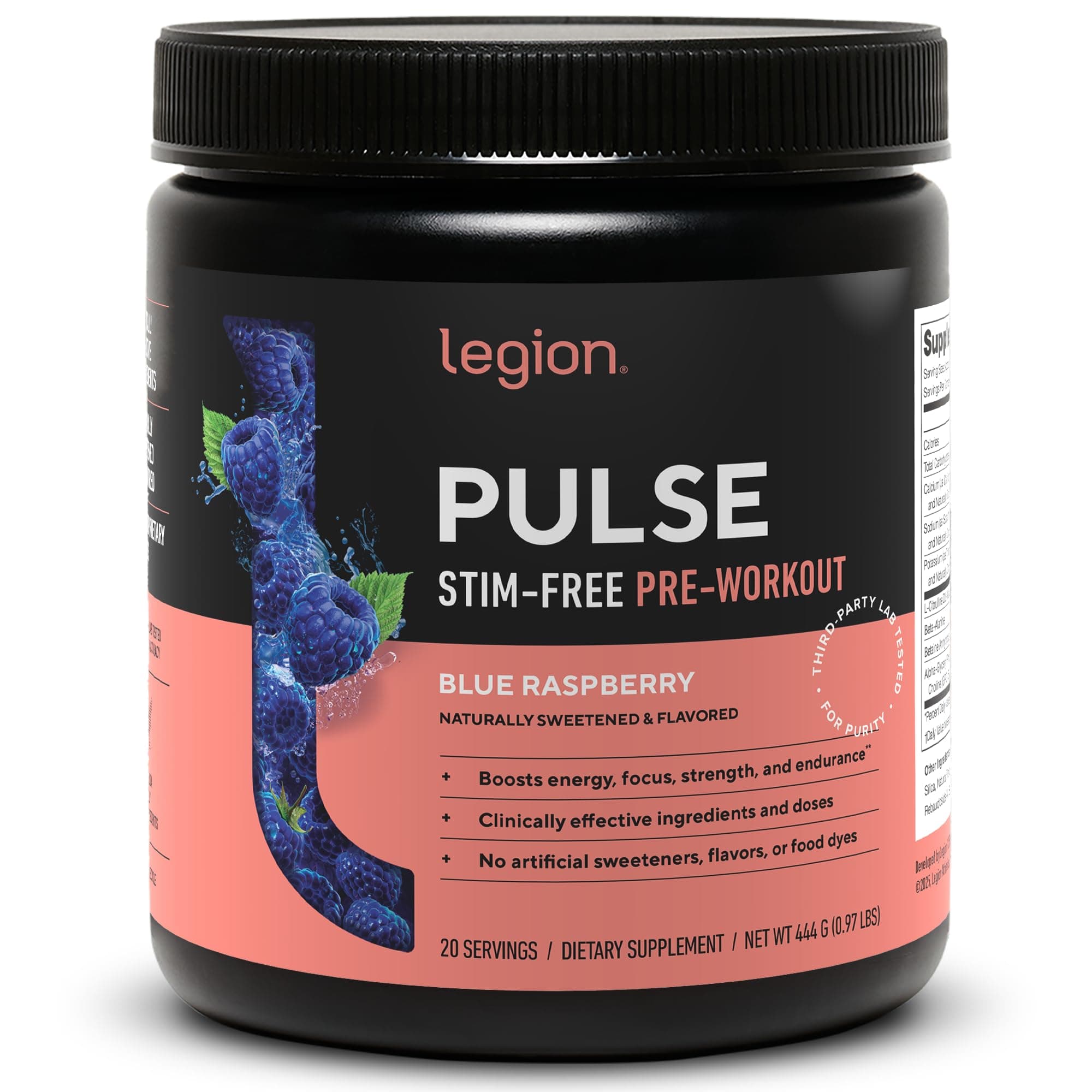 Pulse Pre Workout Supplement - All Natural Nitric Oxide Preworkout Drink to Boost Energy, Creatine Free, Naturally Sweetened, Beta Alanine, Citrulline, Alpha GPC (Caffeine Free Blue Razz)
