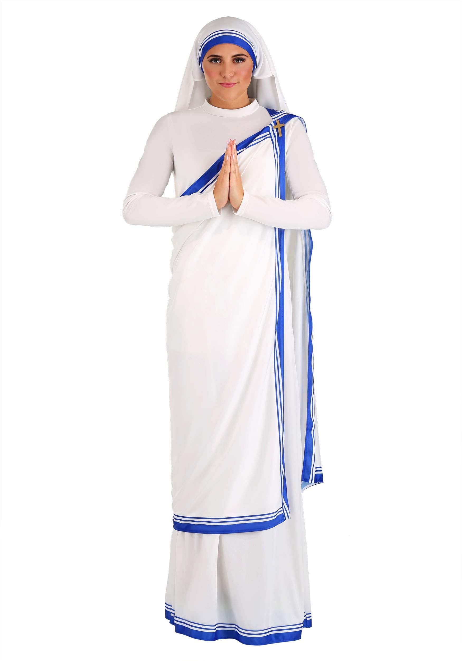 Women's Mother Teresa Historical Saint Costume - Robe, Drape with Metal Cross, Veil