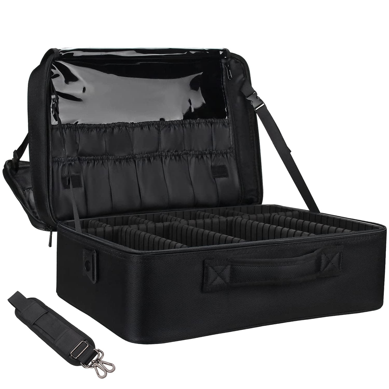 Relavel Extra Large Makeup Case, Professional Makeup Artist Bag Double Layer Compartment Cosmetic Travel Organizer Bag Makeup Brush Storage Holder with Adjustable Dividers and Shoulder Strap, Black