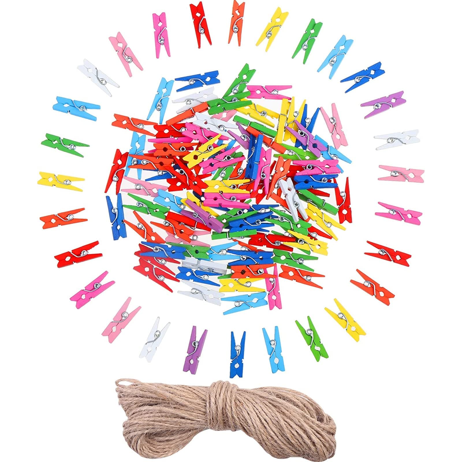 100Pcs Mini Pegs, Mini Wooden Pegs, Colored Wooden Pegs, Small Pegs for Hanging Photos, Mini Pegs for Photos, Tiny Wooden Clothes Pegs with 30M String for Hanging Photos, Arts, Crafts, Weddings, Event