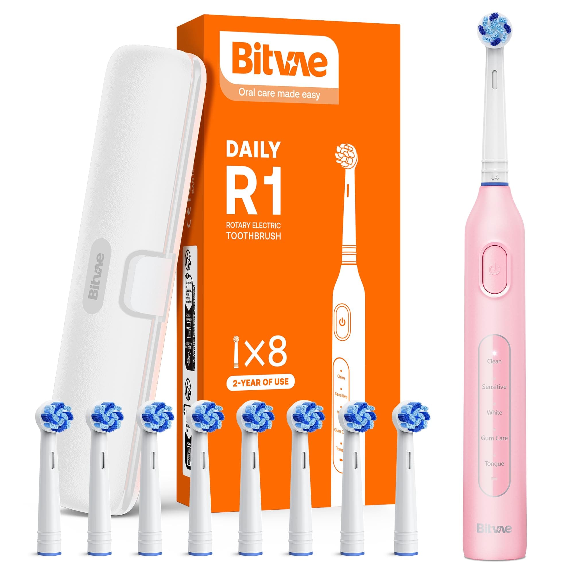 Bitvae Rotating Electric Toothbrush with 8 Brush Heads for Adults and Kids, Travel Case, 5 Modes Rechargeable Power Toothbrush with 2-Minute Smart Timer, 60-Day Battery Life, Pink