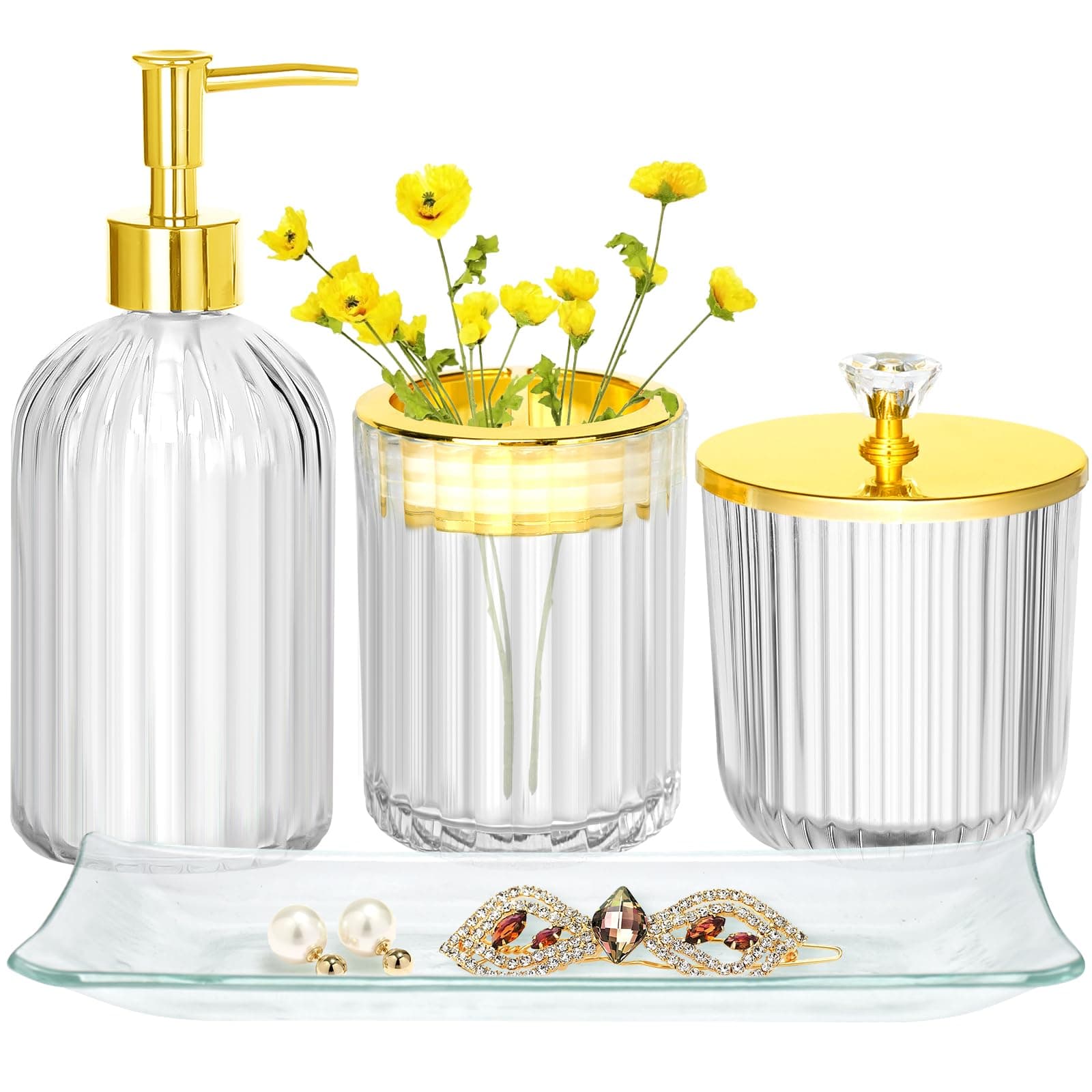 Bathroom Accessories Set, 4Pcs Clear and Gold Glass Bathroom Accessories Sets Complete w/Lotion Soap Dispenser, Toothbrush Holder, Apothecary Jar, Vanity Tray, Bathroom Decor