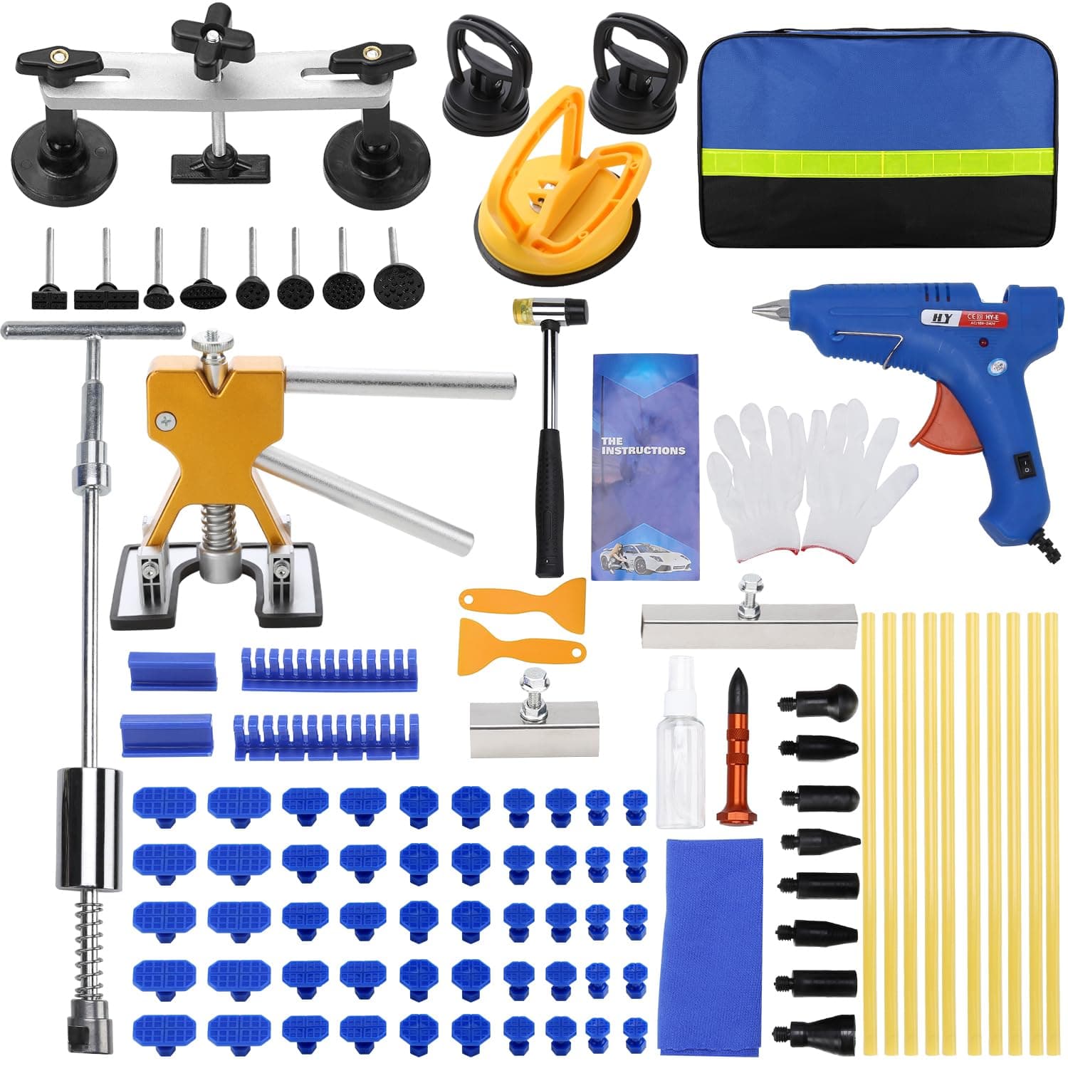 97PCS Auto Body Dent Repair Tool Kit, Paint-Friendly Dent Repair Kit with Golden Lifter, Slide Hammer T-bar Dent Puller, Bridge Puller, Suction Cup and Glue Gun for Car Dent Remove Tools Kit