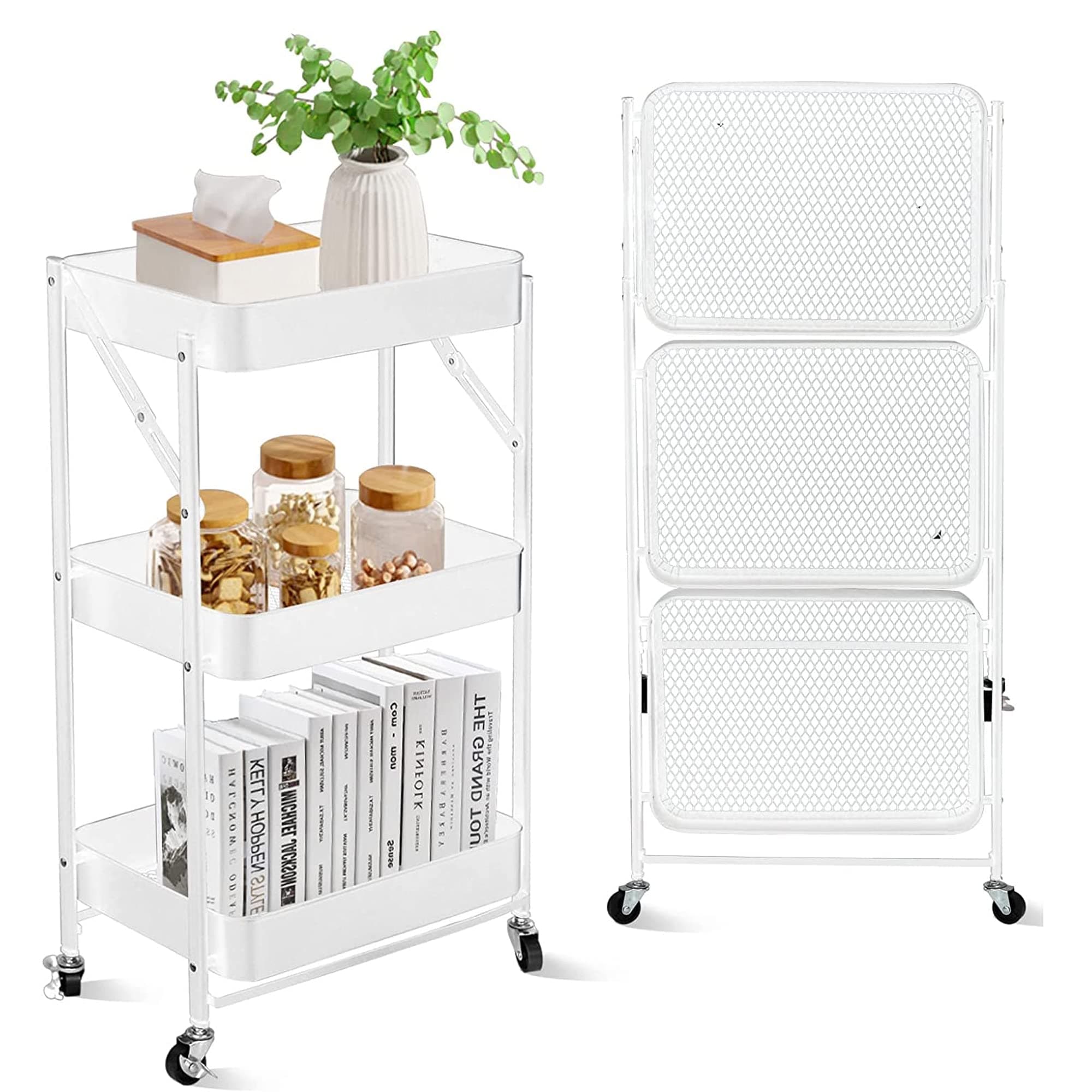 3 Tier Foldable Metal Rolling Utility Cart Organizer, 46x30x76cm Multipurpose Organizer Trolley with Casters for Kitchen, Bedroom, Bathroom, Office, Laundry Room and Garage White
