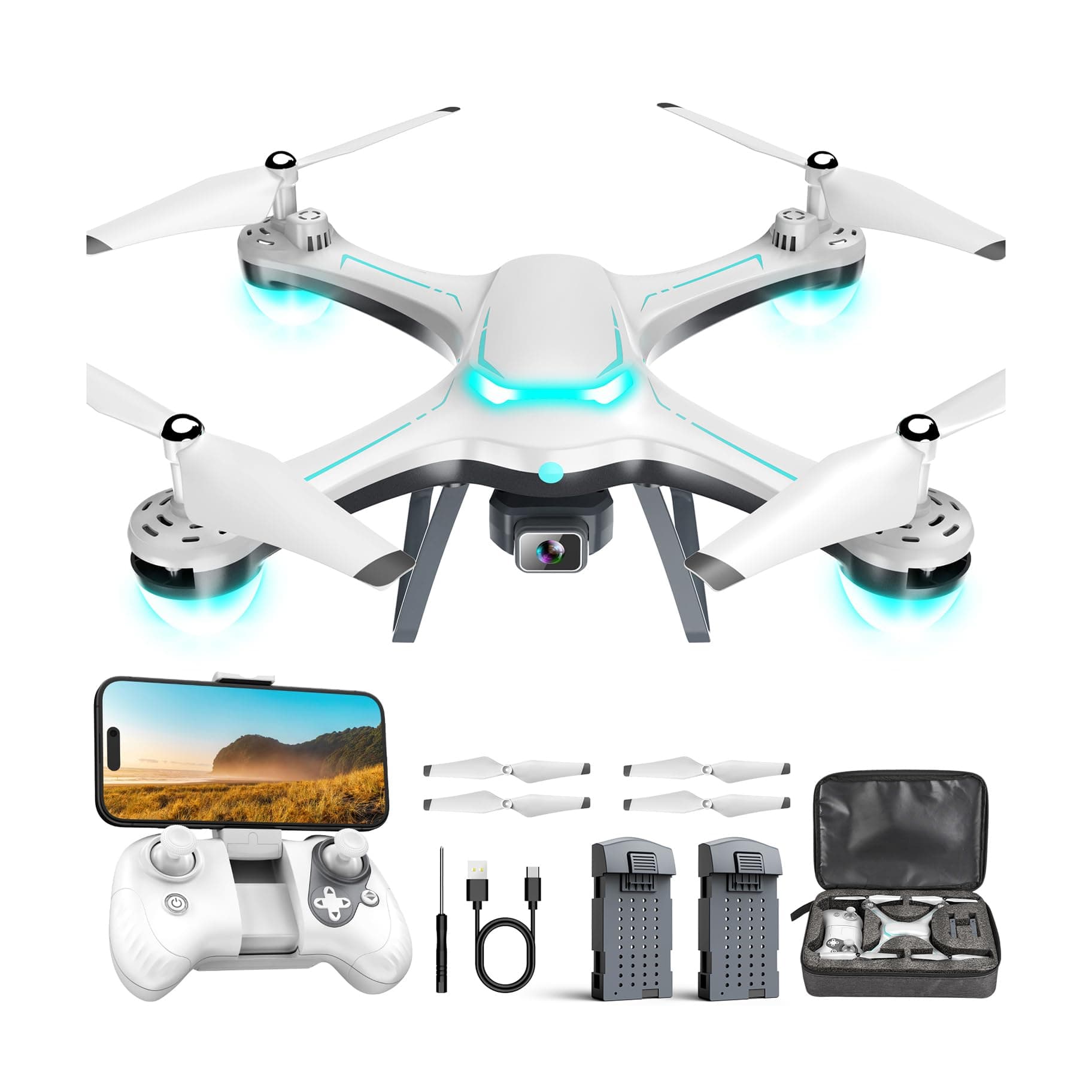 Drone with 1080P Camera for Beginners, Remote Control Quadcopter with Gestures Selfie, Altitude Hold, One Key Start, 3D Flips, 2 Batteries, Toy for Beginners, White