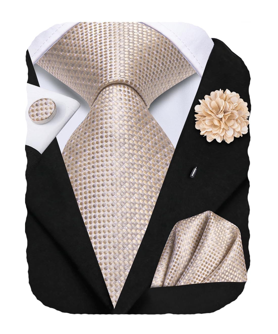 Mens Tie Set Silk Striped Woven Necktie with Lapel Pin Pocket Square Cufflinks Set for Wedding Party