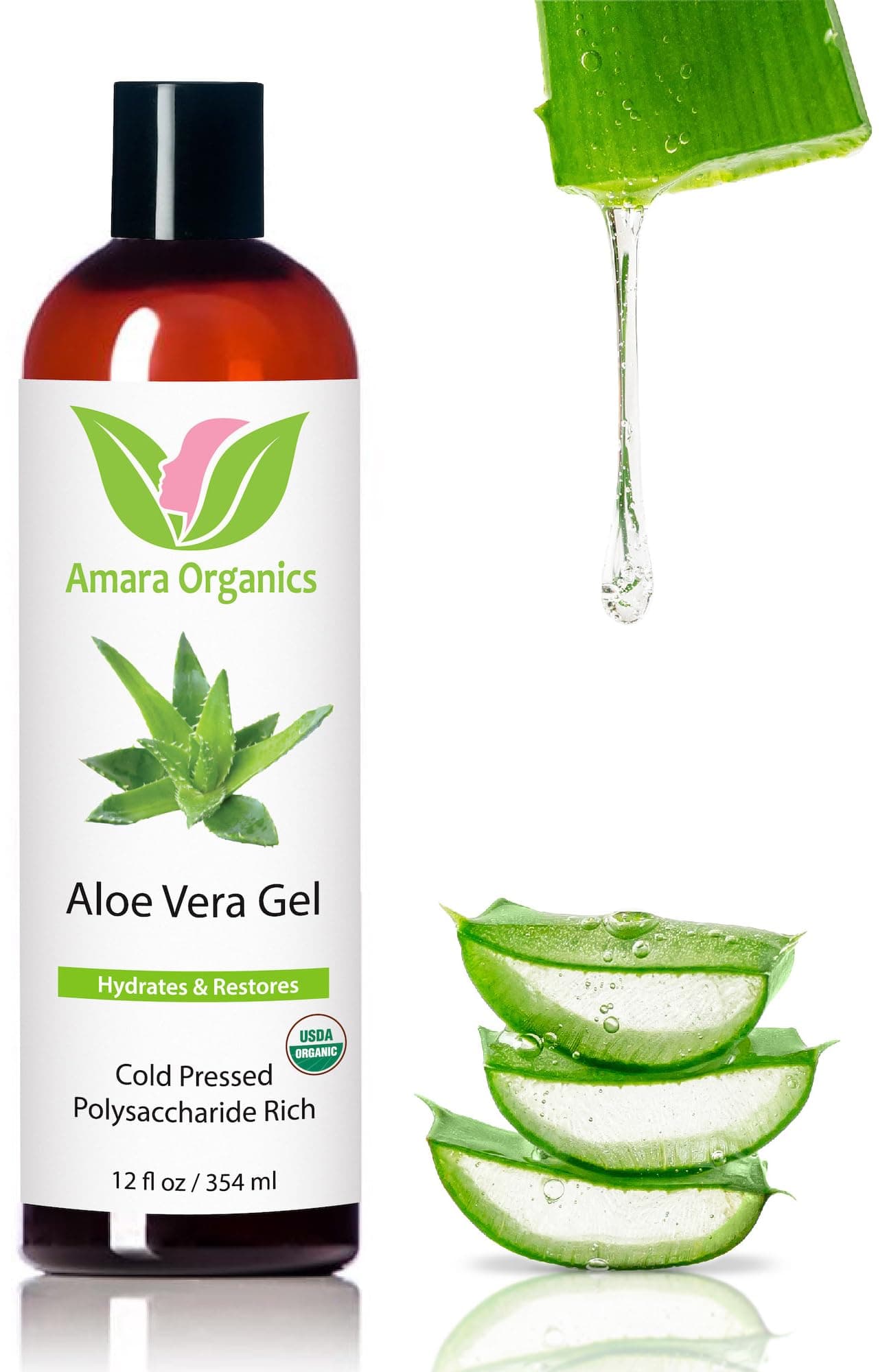 Amara Beauty Aloe Vera Gel from Organic Cold Pressed Aloe, 8 fl. oz.