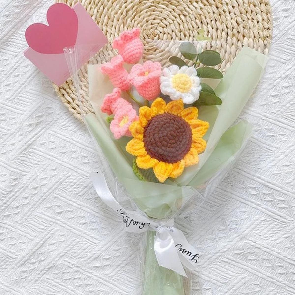 Crochet Flowers Bouquet,Hand Knitted Sunflower Daisy Lily of The Valley,Eternal Warm Artificial Flowers Bouquet,Faux Plants Home Decor Gift for Mother Father Teacher (Pink Valley) (CEN18)