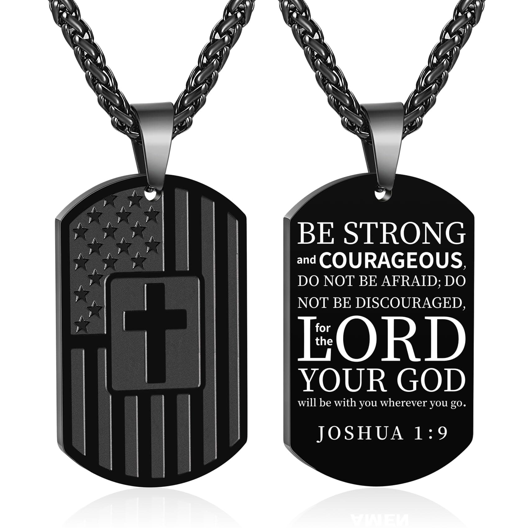 American Dog Tag Necklace Bible Verse Pendant, Men Boys Kids Stainless Steel Cross Patriotic Flag,Mens Valentines Day Gifts for Him Boyfriend Husband 24 Inches Chain