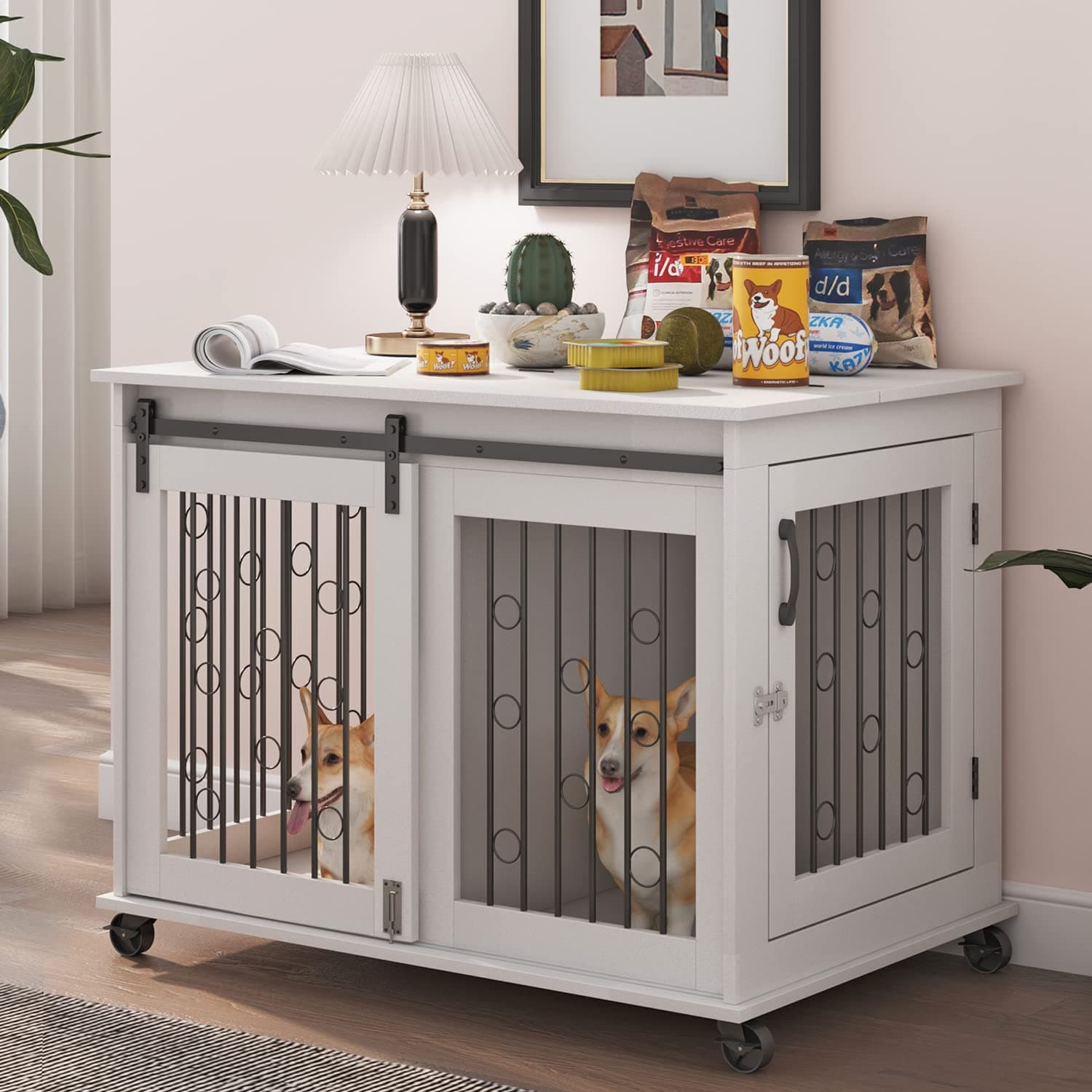 IchbinGo Dog Crate Furniture with Sliding Barn Door, 39" Wooden Dog Kennel End Table with Wheels and Flip-top Plate Dog House with Detachable Divider for Small/Medium/Large Dog (White)