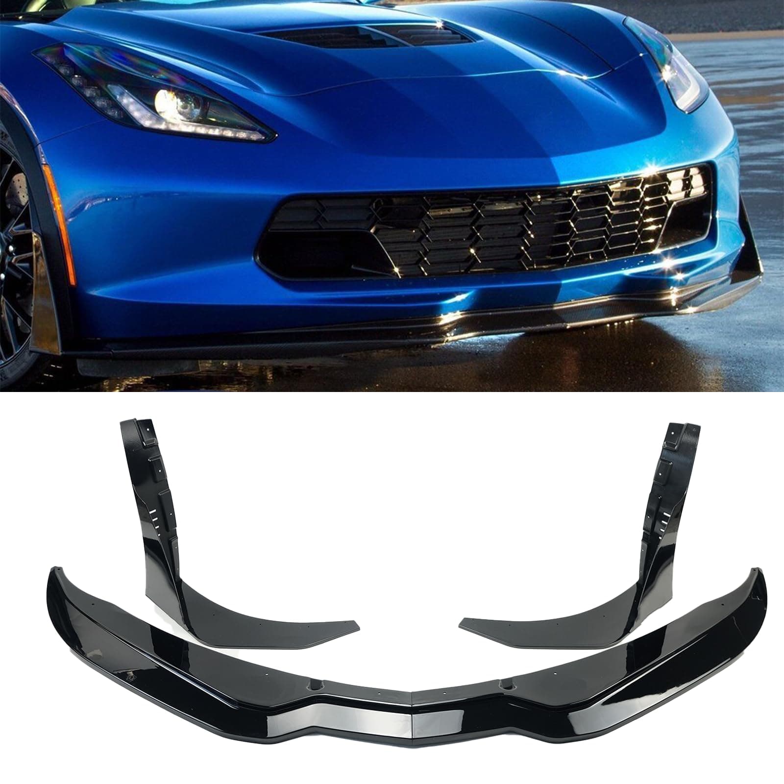 Front Bumper Lip Splitter with Side Extension Winglets Pair For 2014-2019 Corvette C7 Z06 Stage 3 (Glossy Black)
