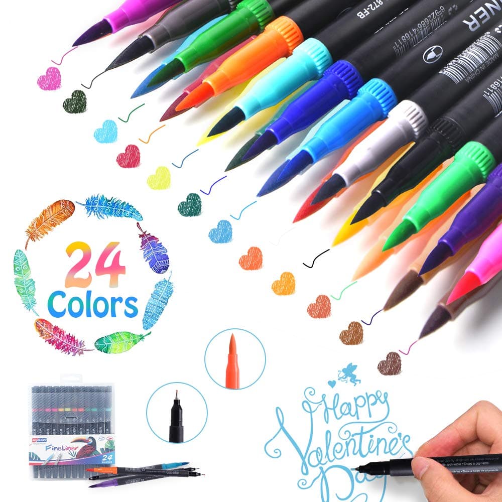 Dual Markers Brush Pen, Fine Point and Brush Tip Art Markers for Kids Adult Coloring Books ,Geat Ideal for Lettering Writing Drawing,Planner Art Supplier,24 Colors