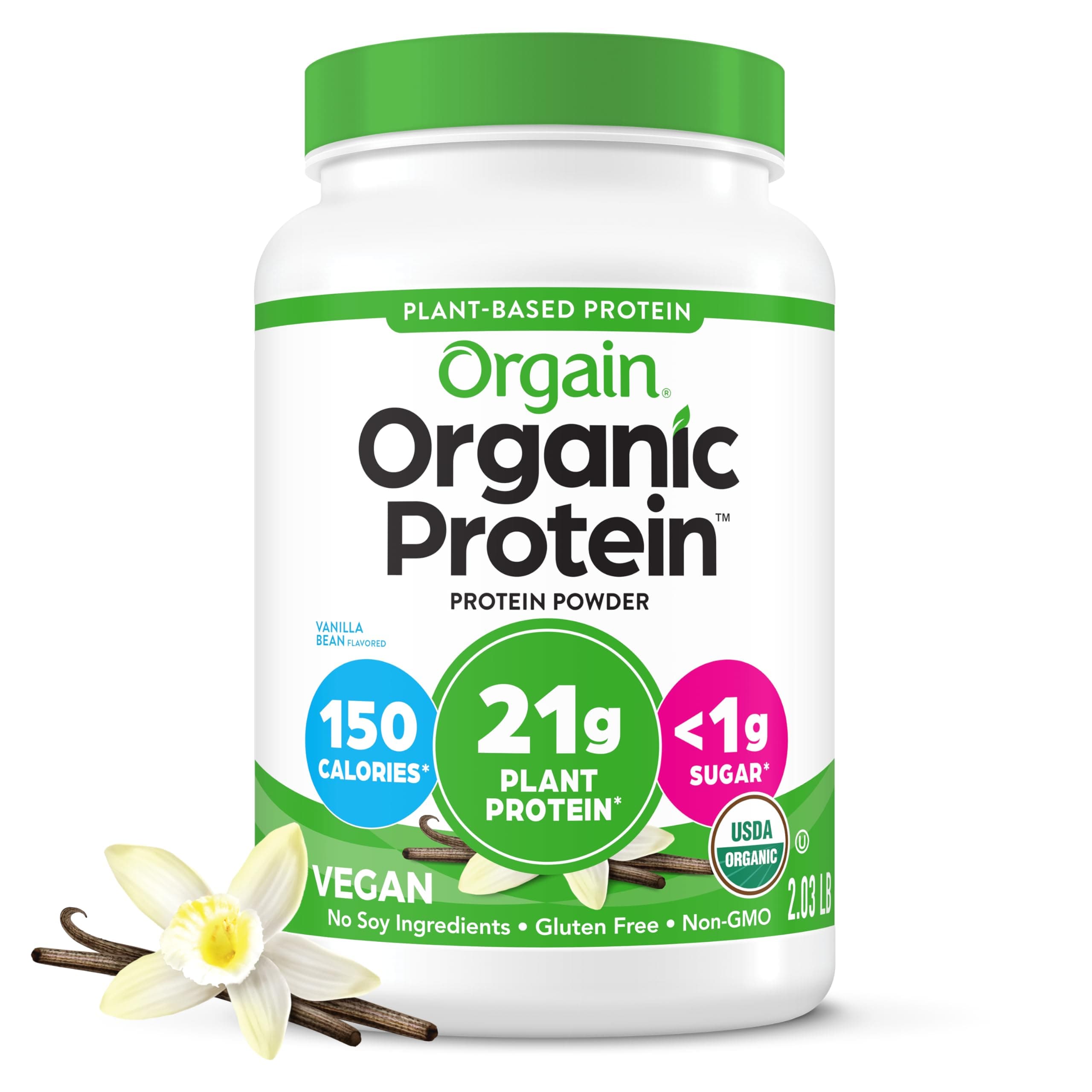 Orgain Organic Vegan Protein Powder, Vanilla Bean - 21g Plant Protein, 6g Prebiotic Fiber, No Lactose Ingredients, No Added Sugar, Non-GMO, For Shakes & Smoothies, 2.03 lb (Packaging May Vary)