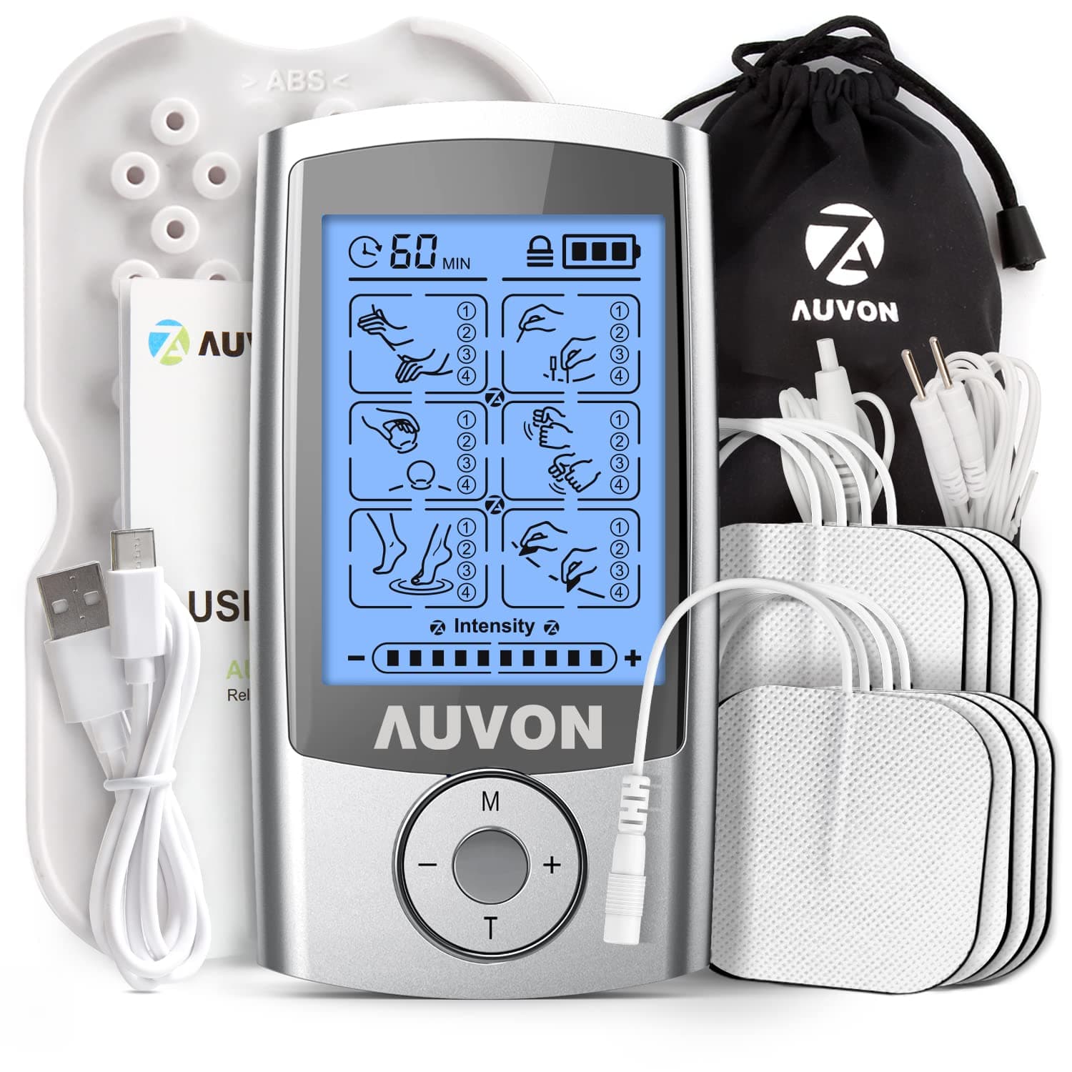 AUVON 24 Modes Rechargeable TENS Unit, 4th Gen Muscle Stimulator with 10pcs TENS Machine Electrodes for Pain Relief Therapy & Management