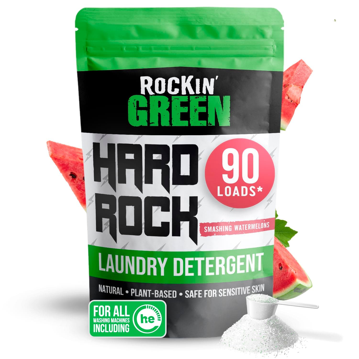 Rockin' Green | Hard Rock Natural Laundry Detergent Powder | Smashing Watermelons | 45oz / 90 Loads - Perfect for Baby Clothes
